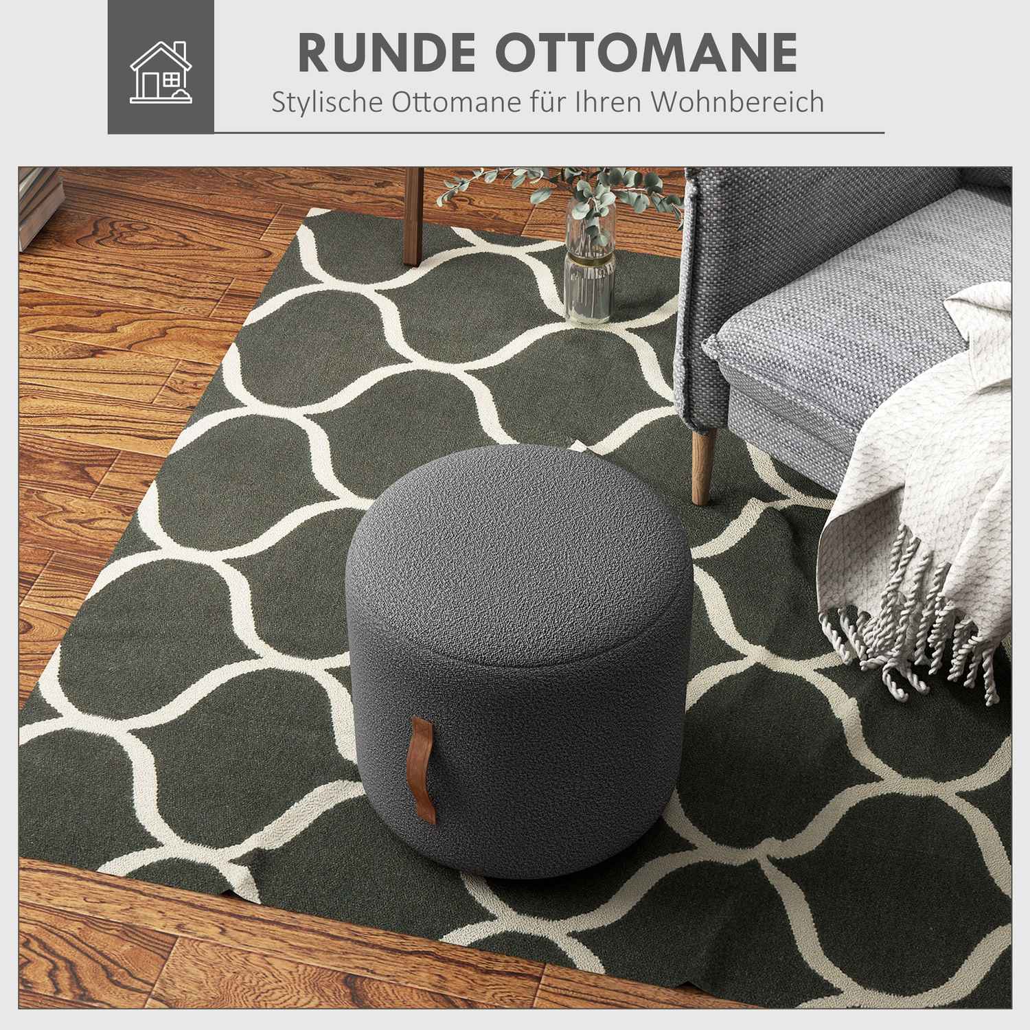 Rund mörkgrå fotpall, ottomansk med handtag – Ø48x45 cm