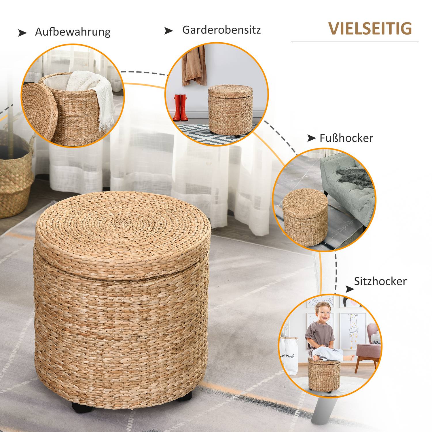 Fotpall med förvaring, avtagbart lock, halmrotting, kaki