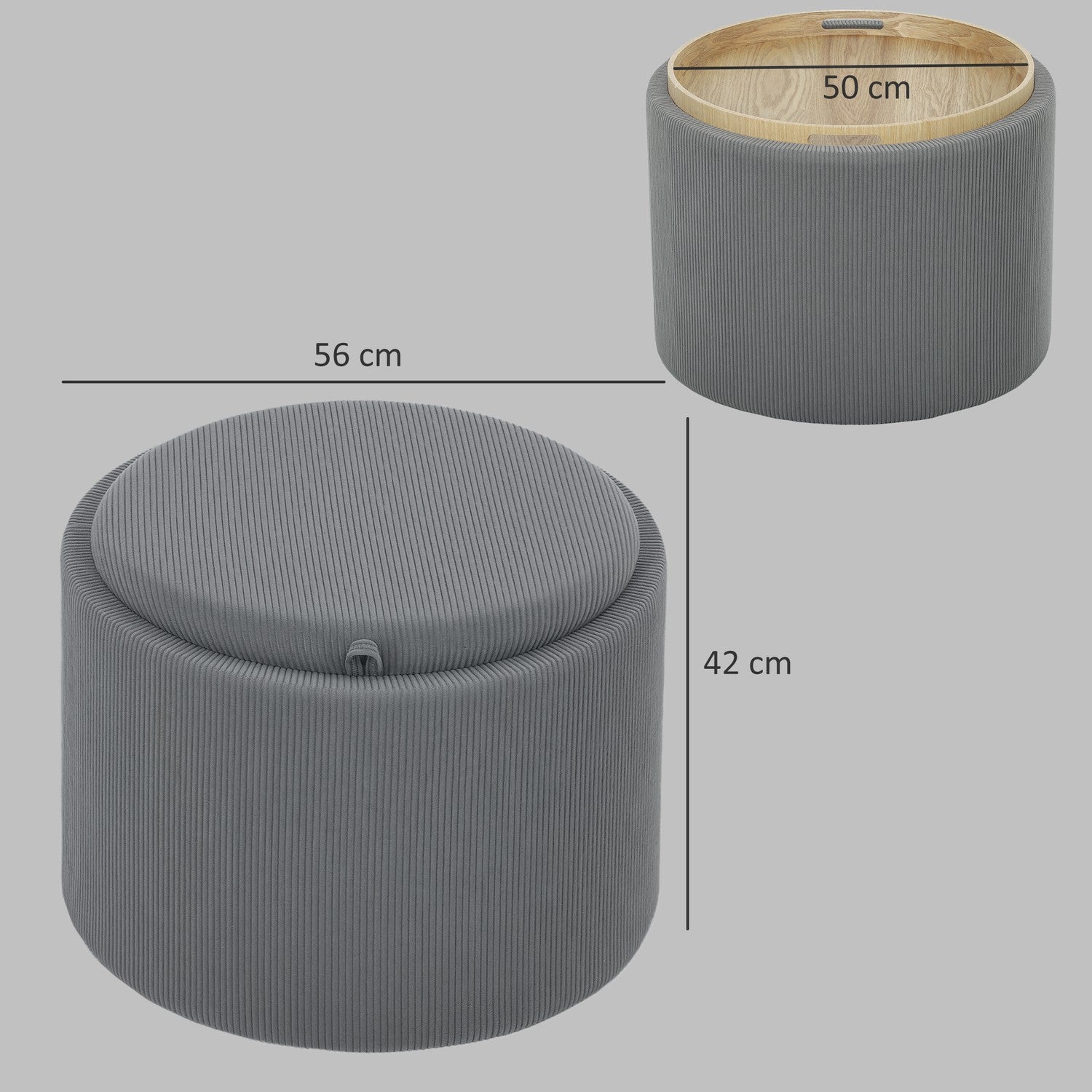 Grå rund förvaringspall med stoppat lock, 56 cm
