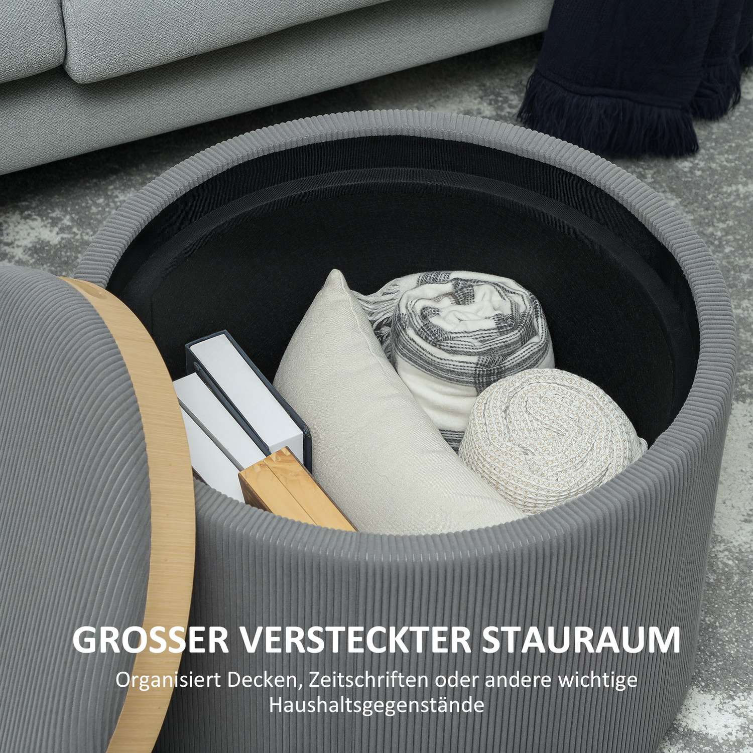 Grå rund förvaringspall med stoppat lock, 56 cm