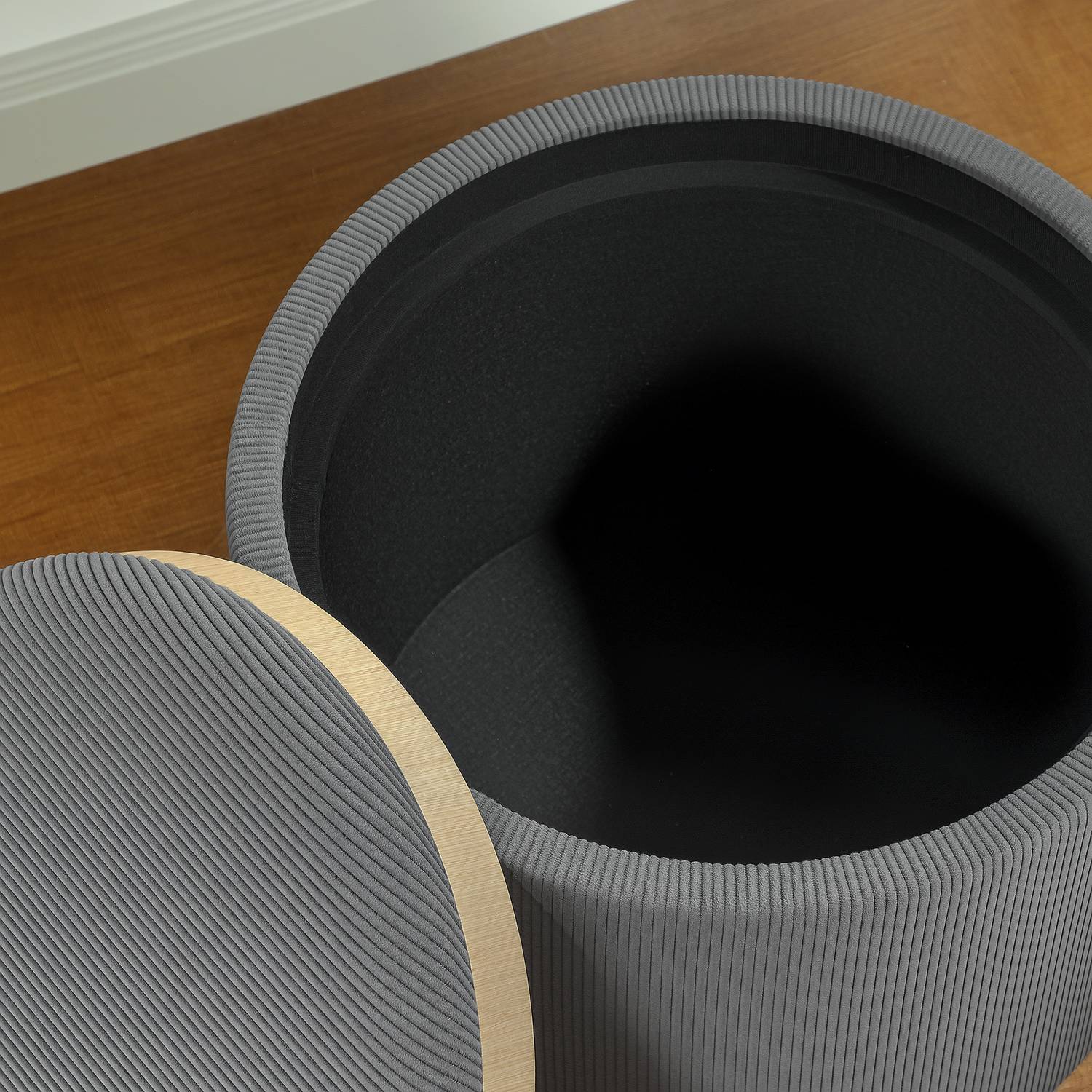 Grå rund förvaringspall med stoppat lock, 56 cm