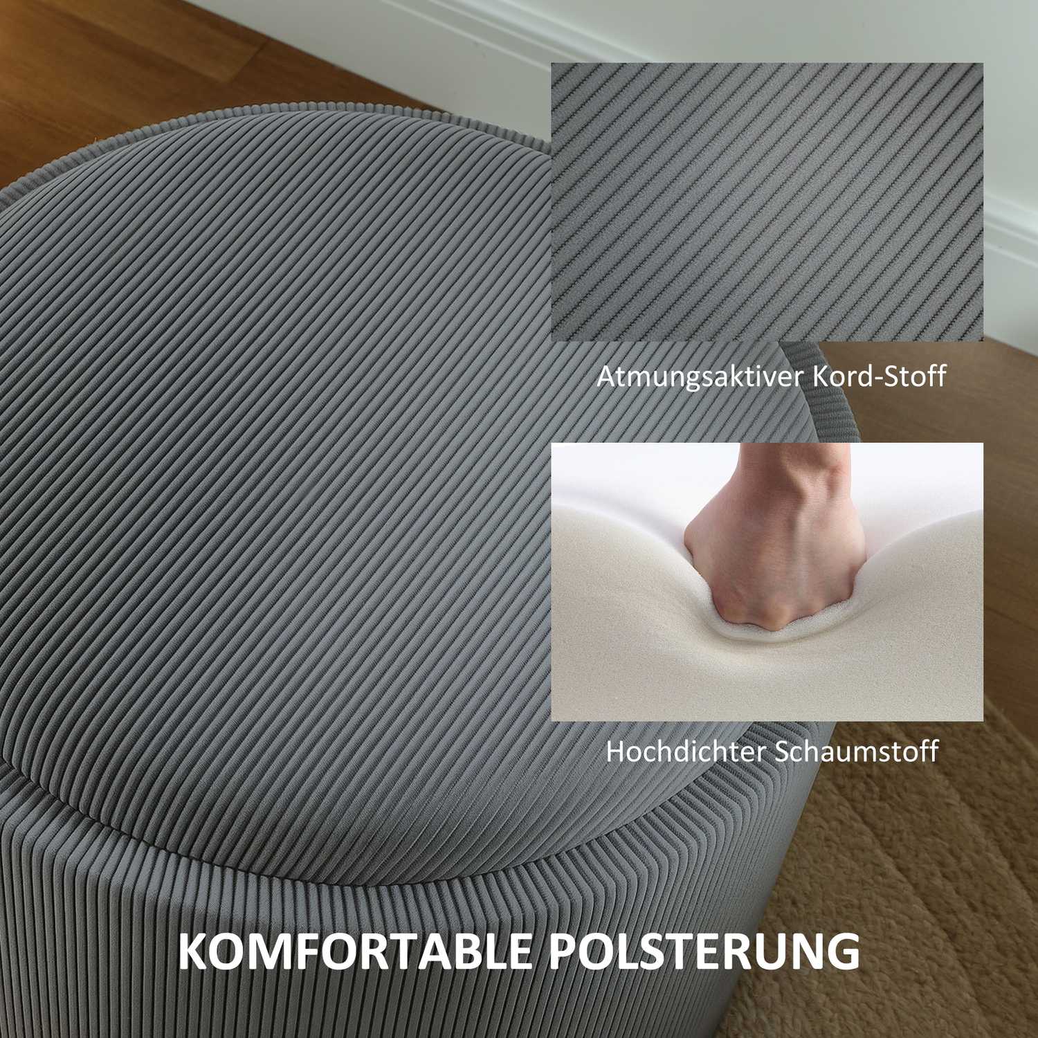 Grå rund förvaringspall med stoppat lock, 56 cm