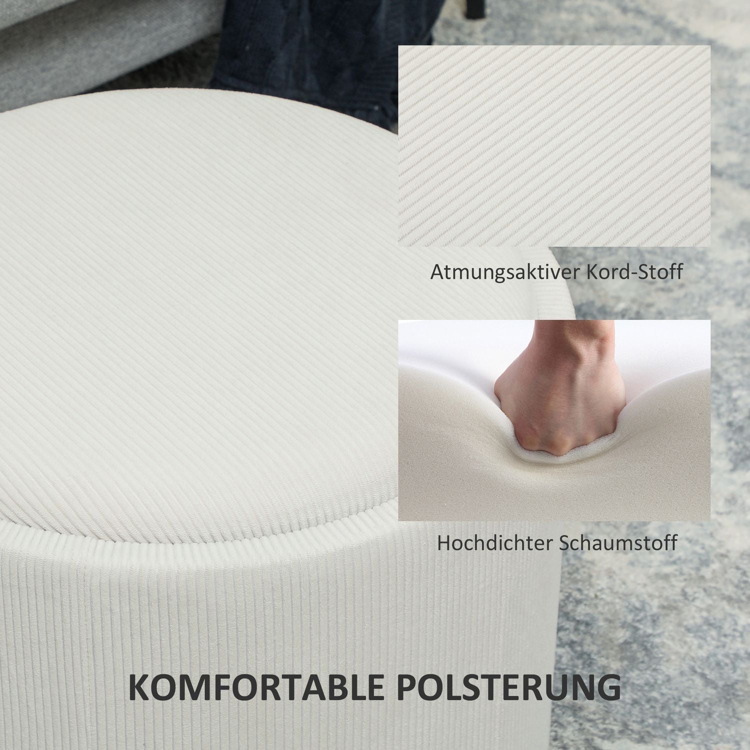 Rund stoppad förvaringspall, Gräddvit, 56x56x42 cm