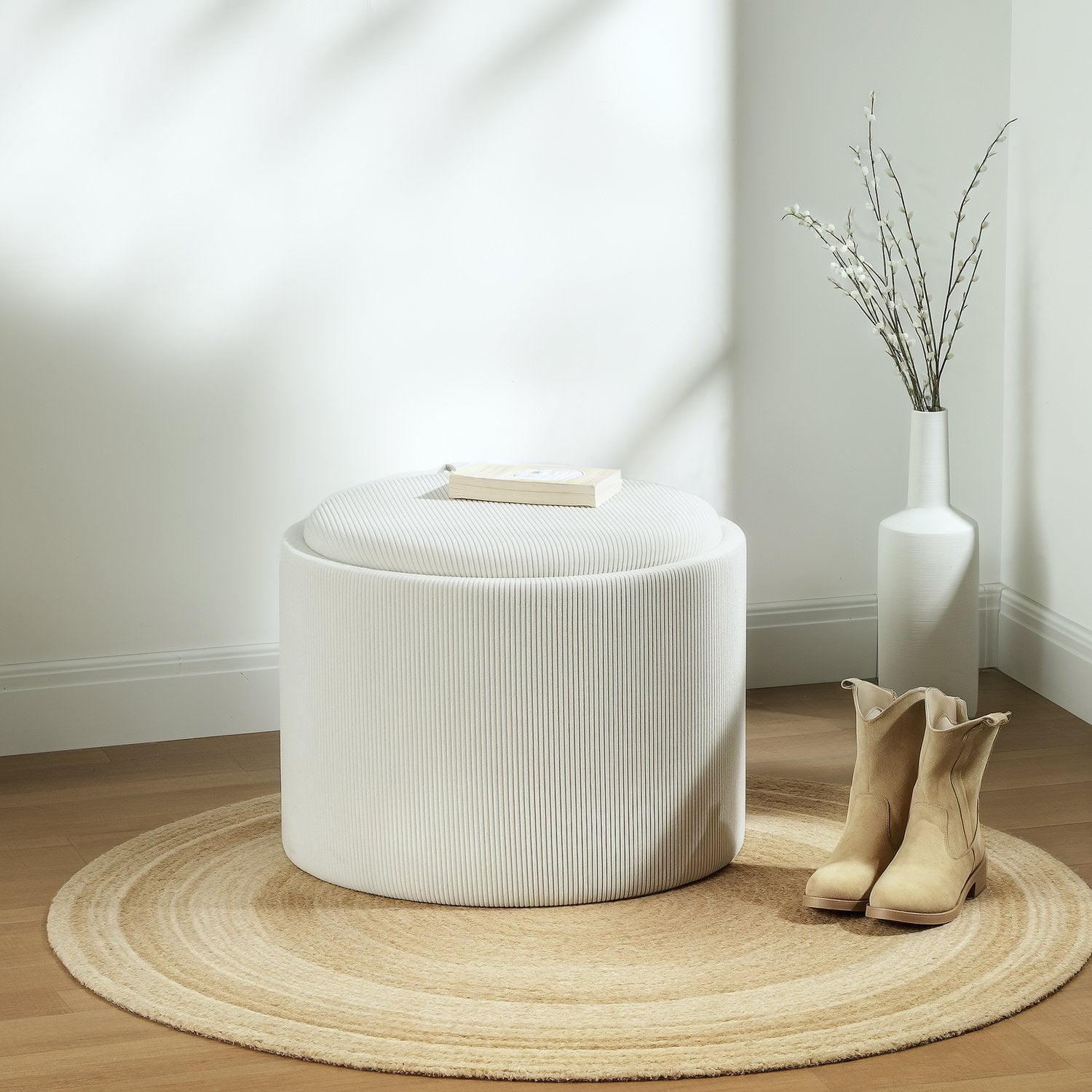 Rund stoppad förvaringspall, Gräddvit, 56x56x42 cm