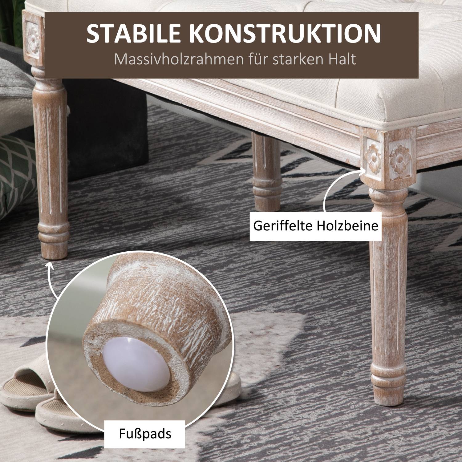 Fotpall i linnelook med vadderad sits och träben