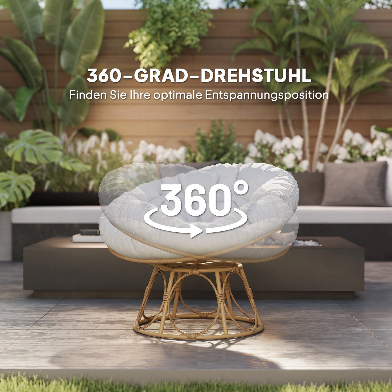 Papasan stol, 360° vridbar, rotting med dyna, ljusgrå