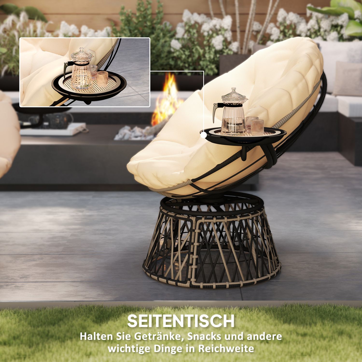 Roterande Rotting Papasan Stol med Dyna, 90 cm Diameter
