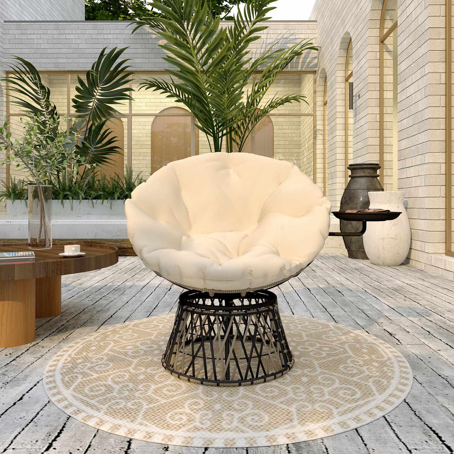 Roterande Rotting Papasan Stol med Dyna, 90 cm Diameter