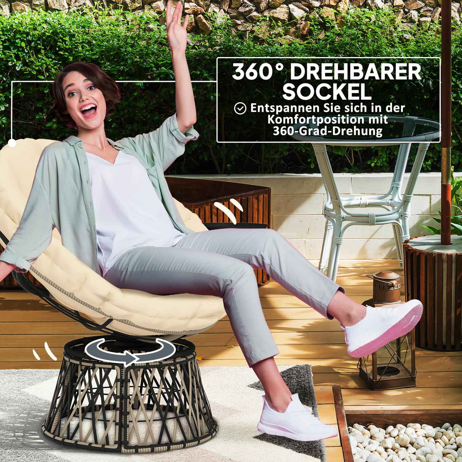 Roterande Rotting Papasan Stol med Dyna, 90 cm Diameter