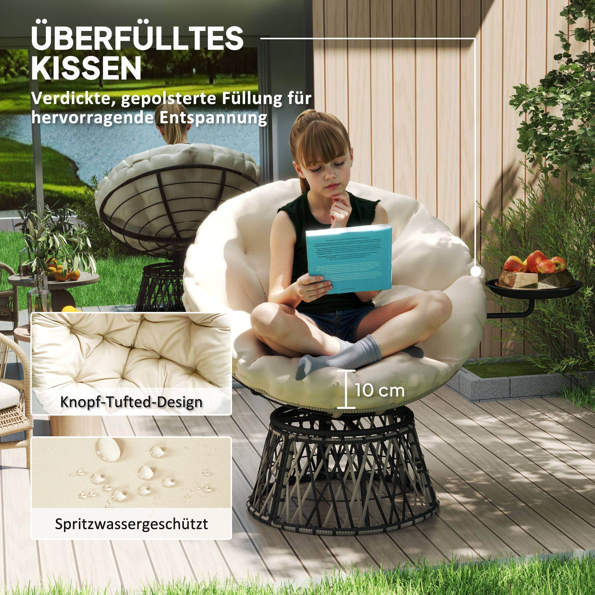 Roterande Rotting Papasan Stol med Dyna, 90 cm Diameter