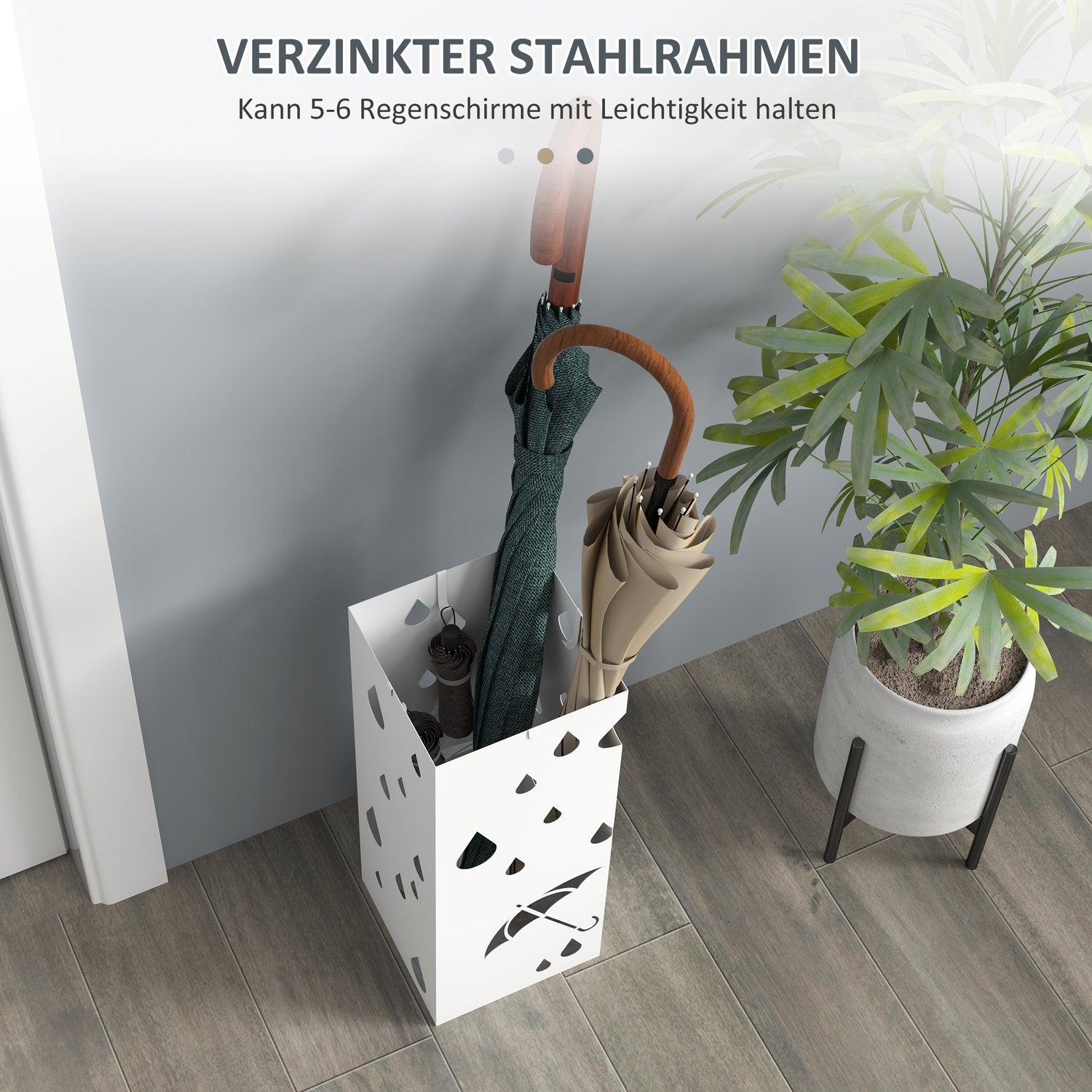 Paraplystativ i stål med krokar och vattenbricka – Vit