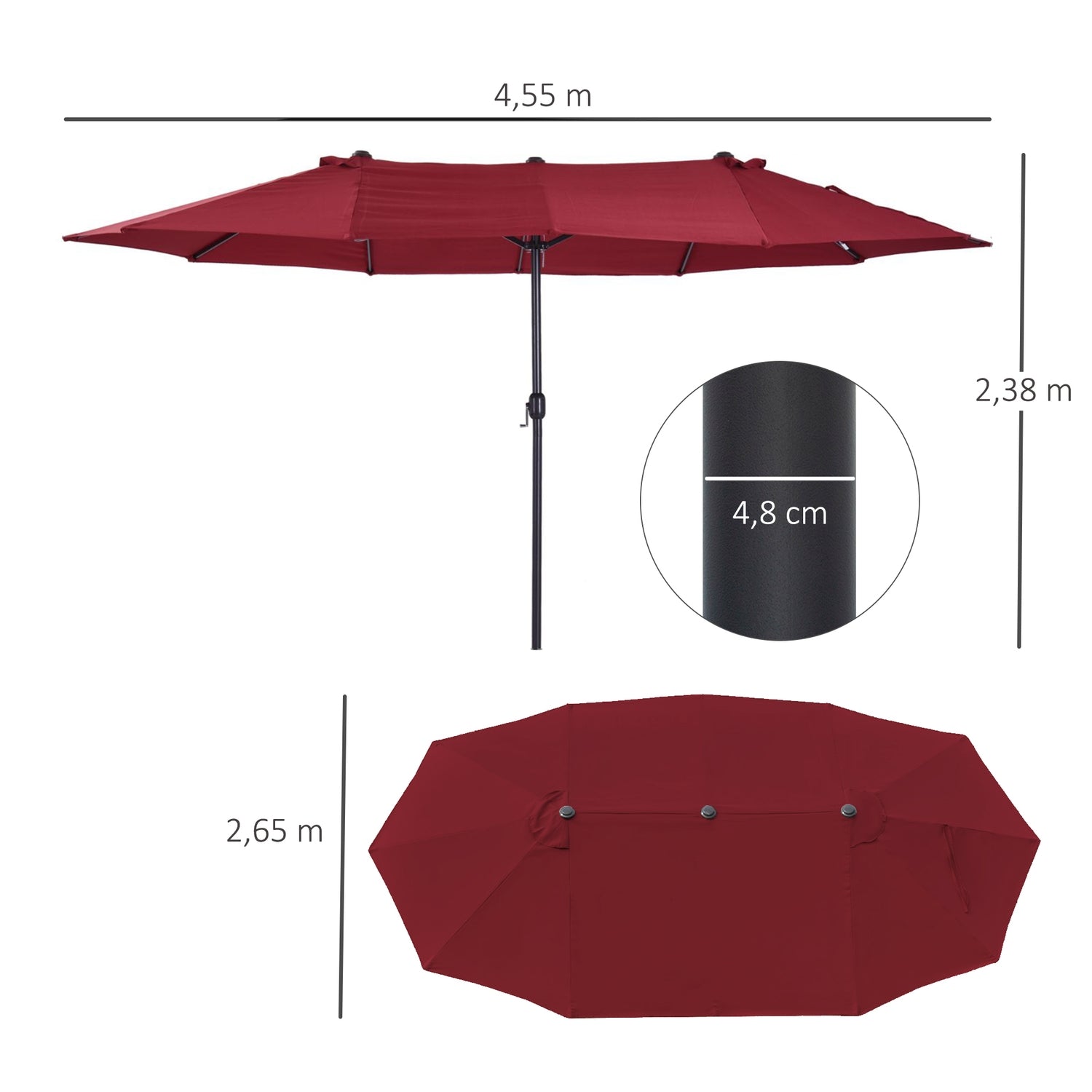 Vinröd Oval Garden Parasoll, 460x270x240cm, Handvev