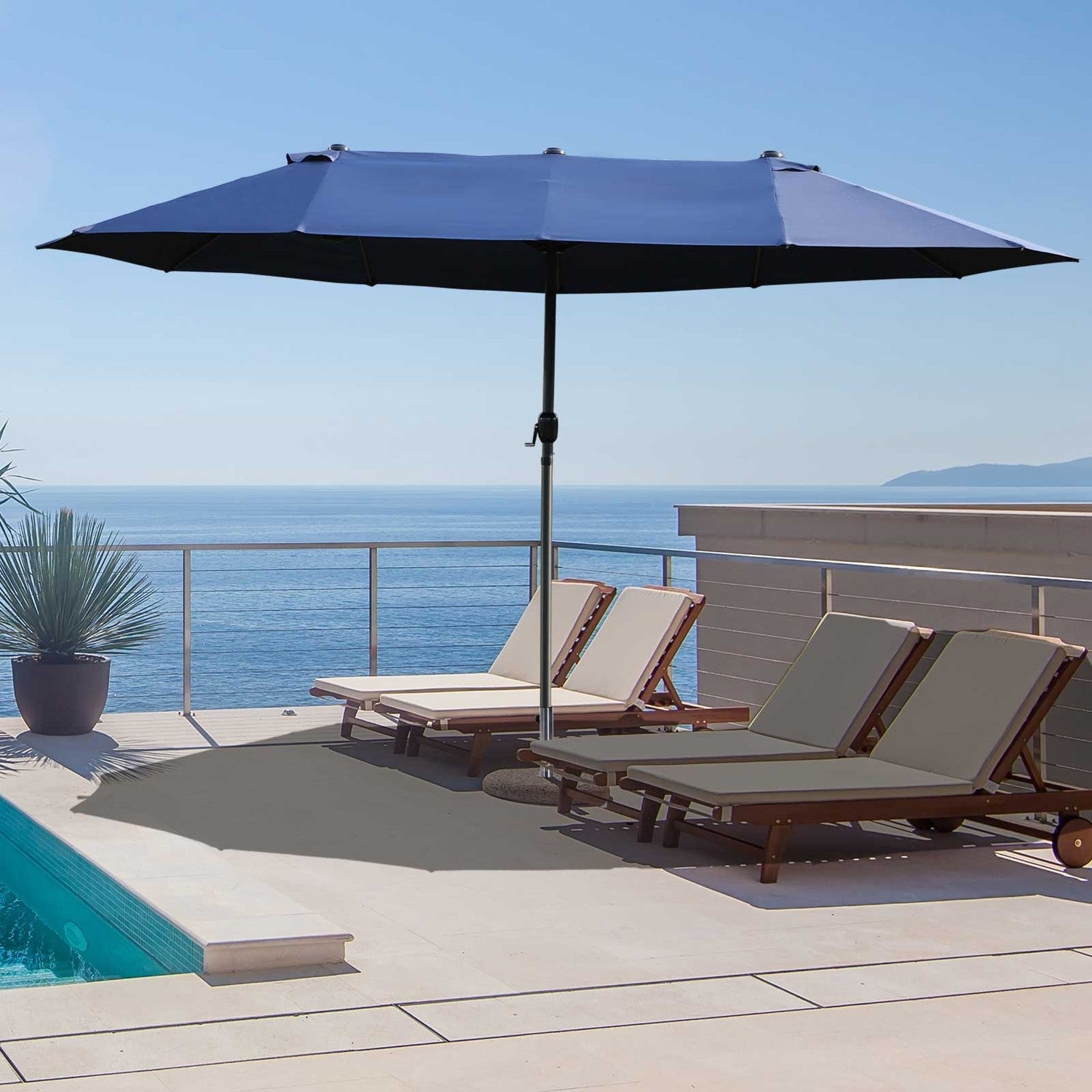 Blue Oval Garden Parasol – Dubbelt marknadsparaply med vev
