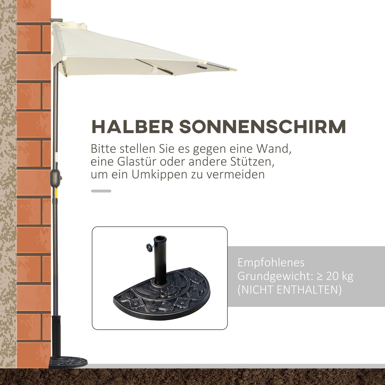 Halvt paraply med LED-lampor, handvev, solpanel, beige