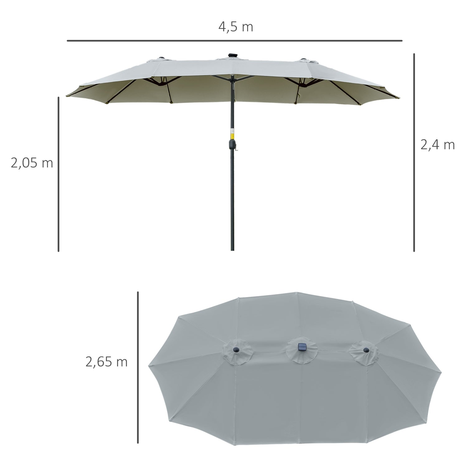 4,5 M Dubbelparasoll Med LED, Solcellsdriven, Ljusgrå-Svart