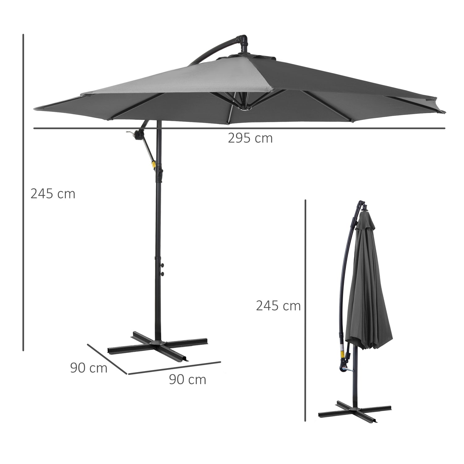 Parasoll Crank Paraply, Grå, Ø2,95x2,45M, Stålram