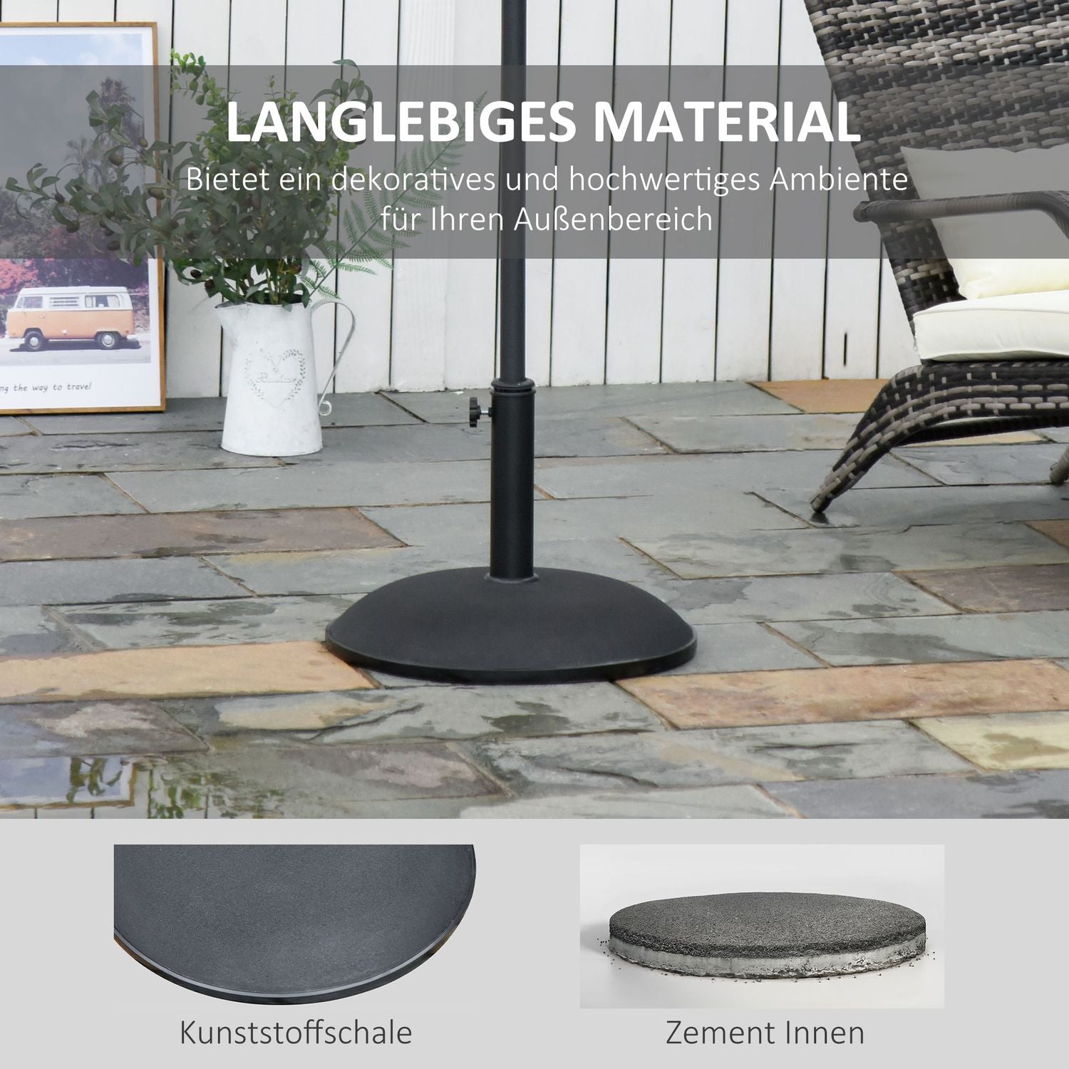 Parasollbas i svart stål och cement, 25 kg, ∅49 X 37 cm
