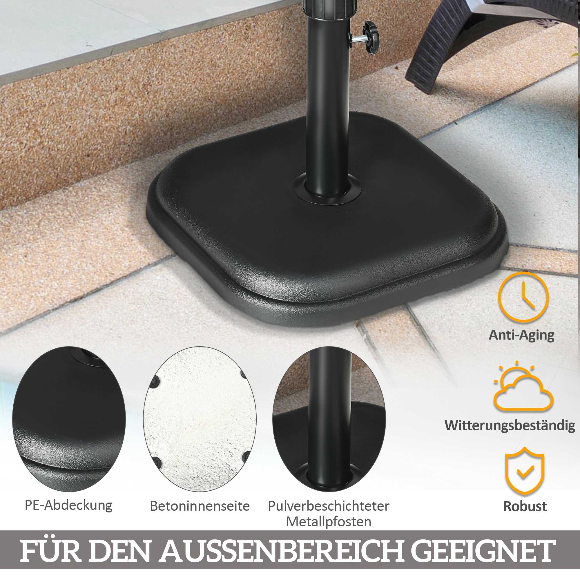 Parasollfot i betong, 11 kg, fyrkantig, passar till stänger med diameter 32–38 mm