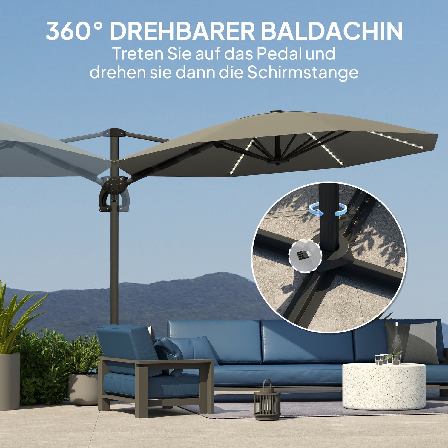 Parasoll i aluminium – 300 cm, LED Solar, UV50+ Justerbar
