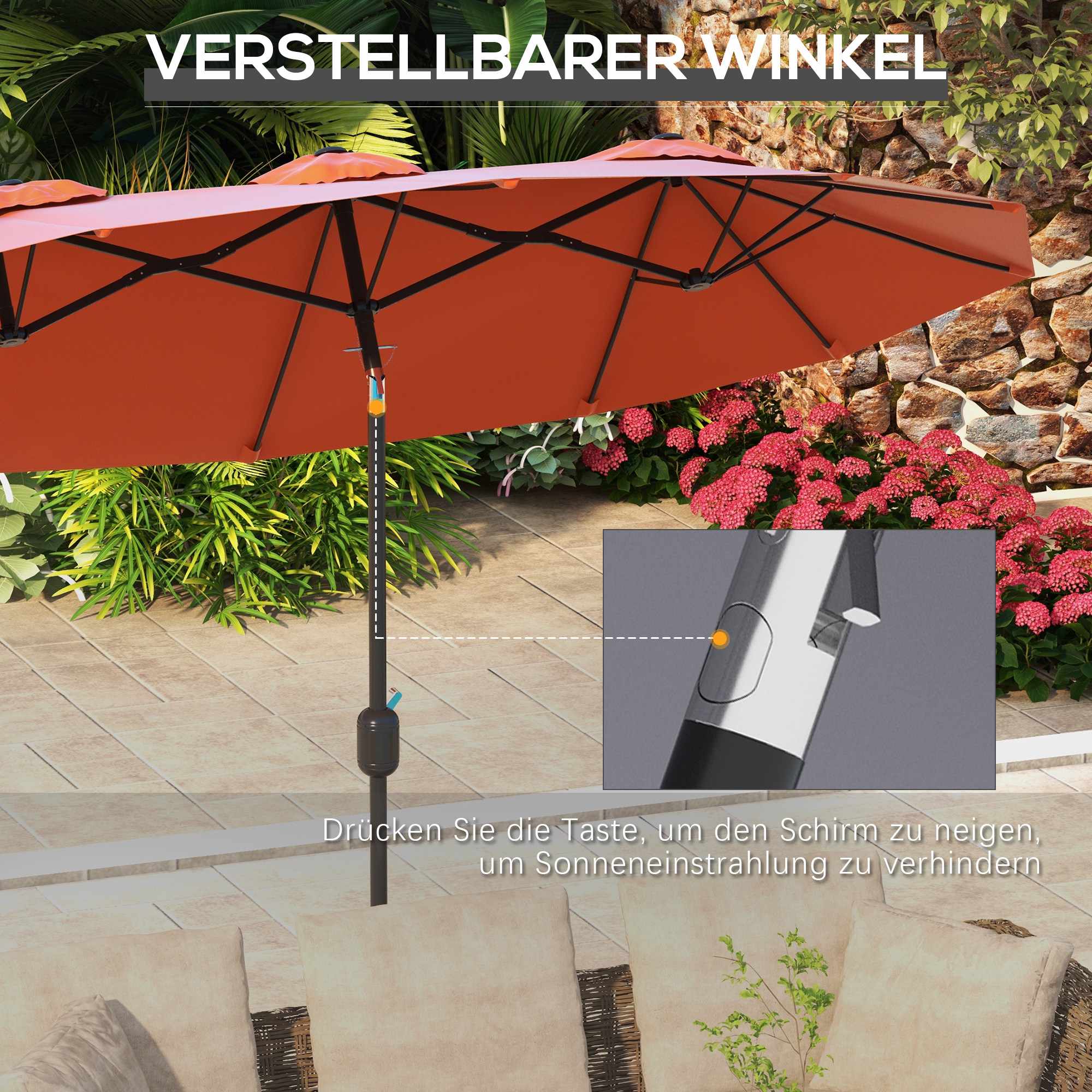 Parasoll, justerbar, röd, 295 x 152 cm, polyester