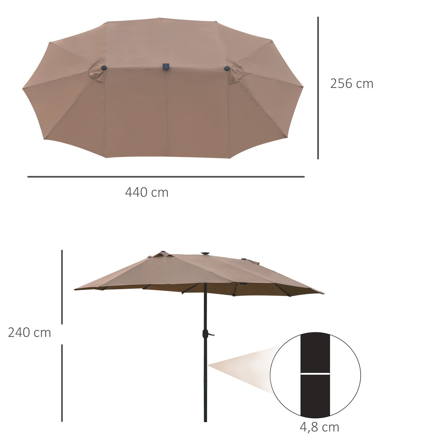 Khaki Oval Parasoll med LED, Stor 440 x 260 cm, Handvev