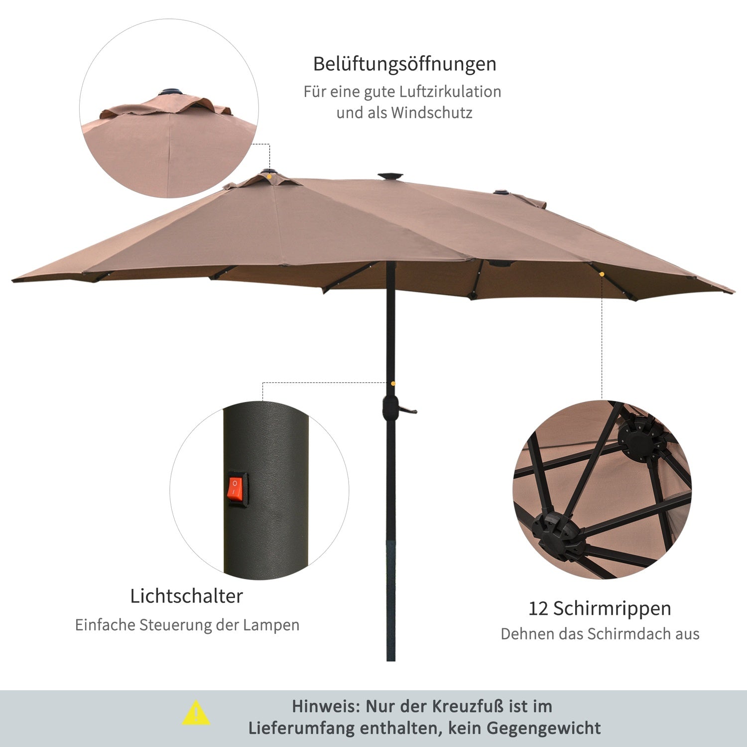 Khaki Oval Parasoll med LED, Stor 440 x 260 cm, Handvev