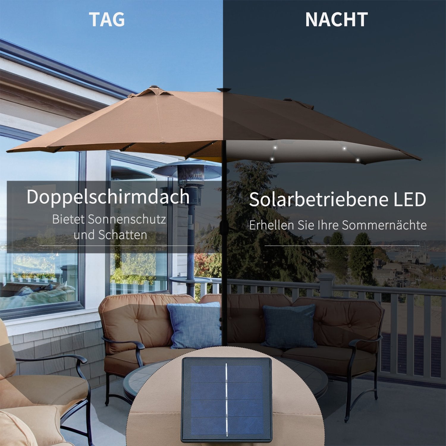 Khaki Oval Parasoll med LED, Stor 440 x 260 cm, Handvev