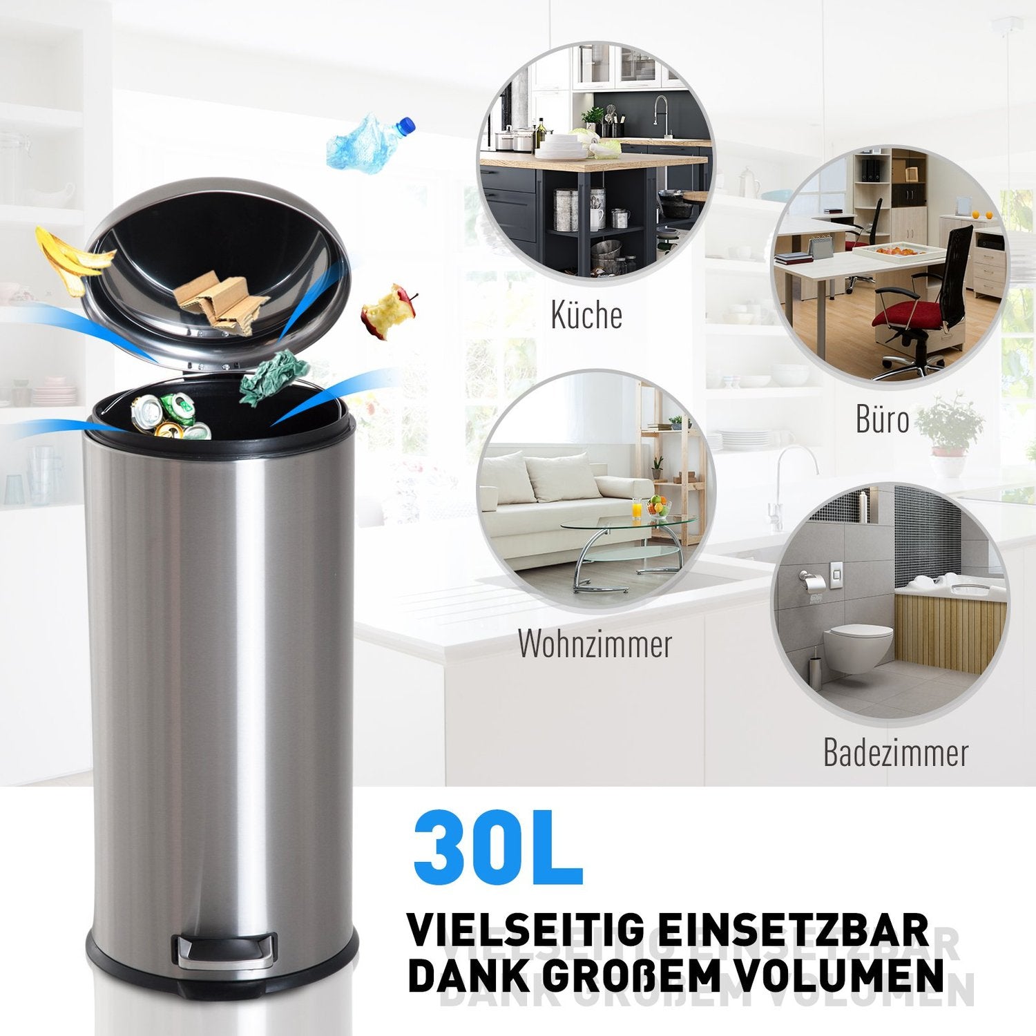 30L pedalbehållare i rostfritt stål med innerfack