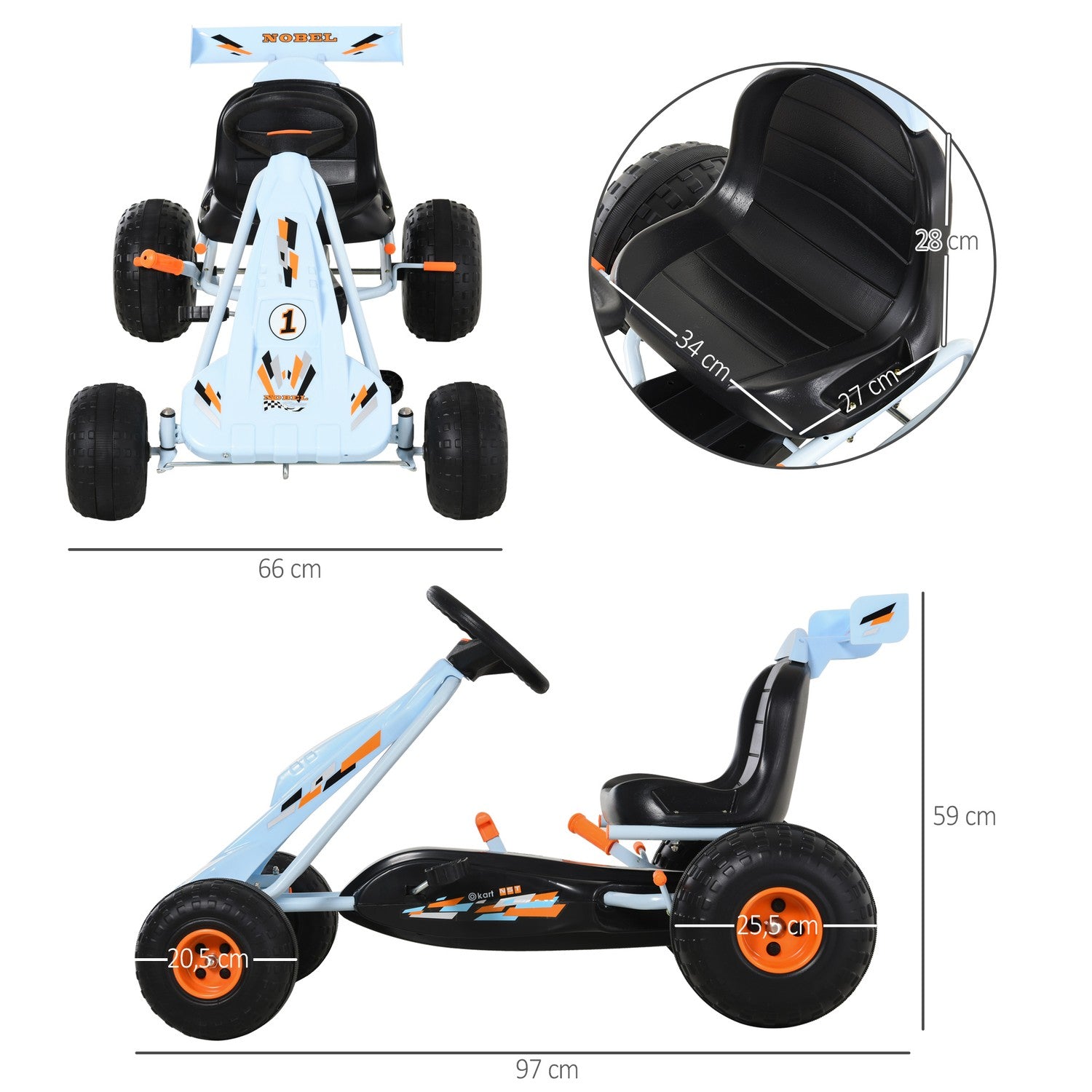 Ljusblå stålpedal Go-Kart med justerbar sits