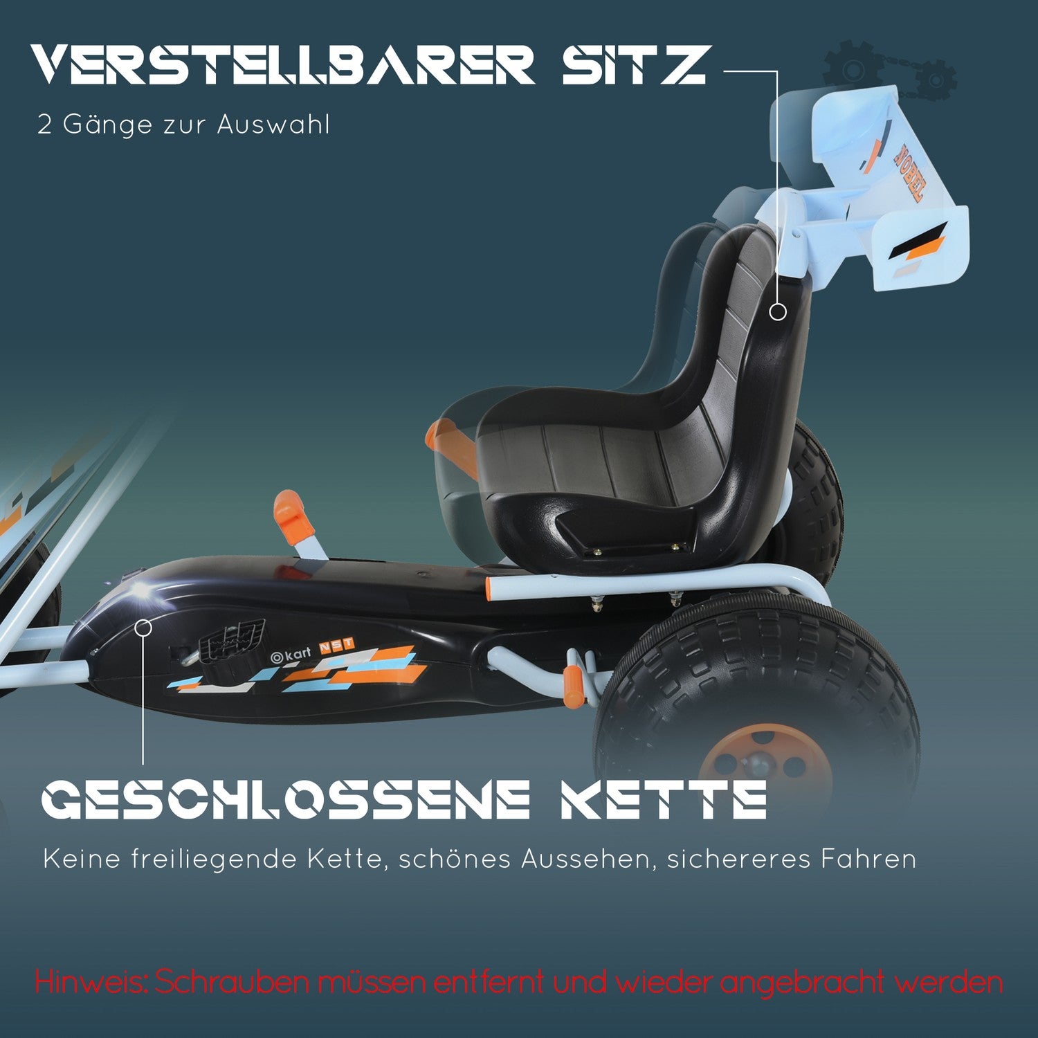 Ljusblå stålpedal Go-Kart med justerbar sits