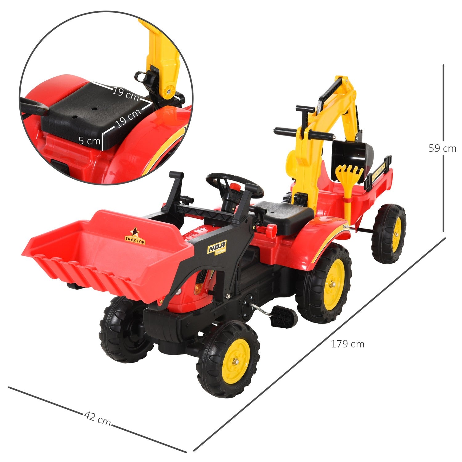 Pedaltraktor för barn med släp och frontlastare, röd
