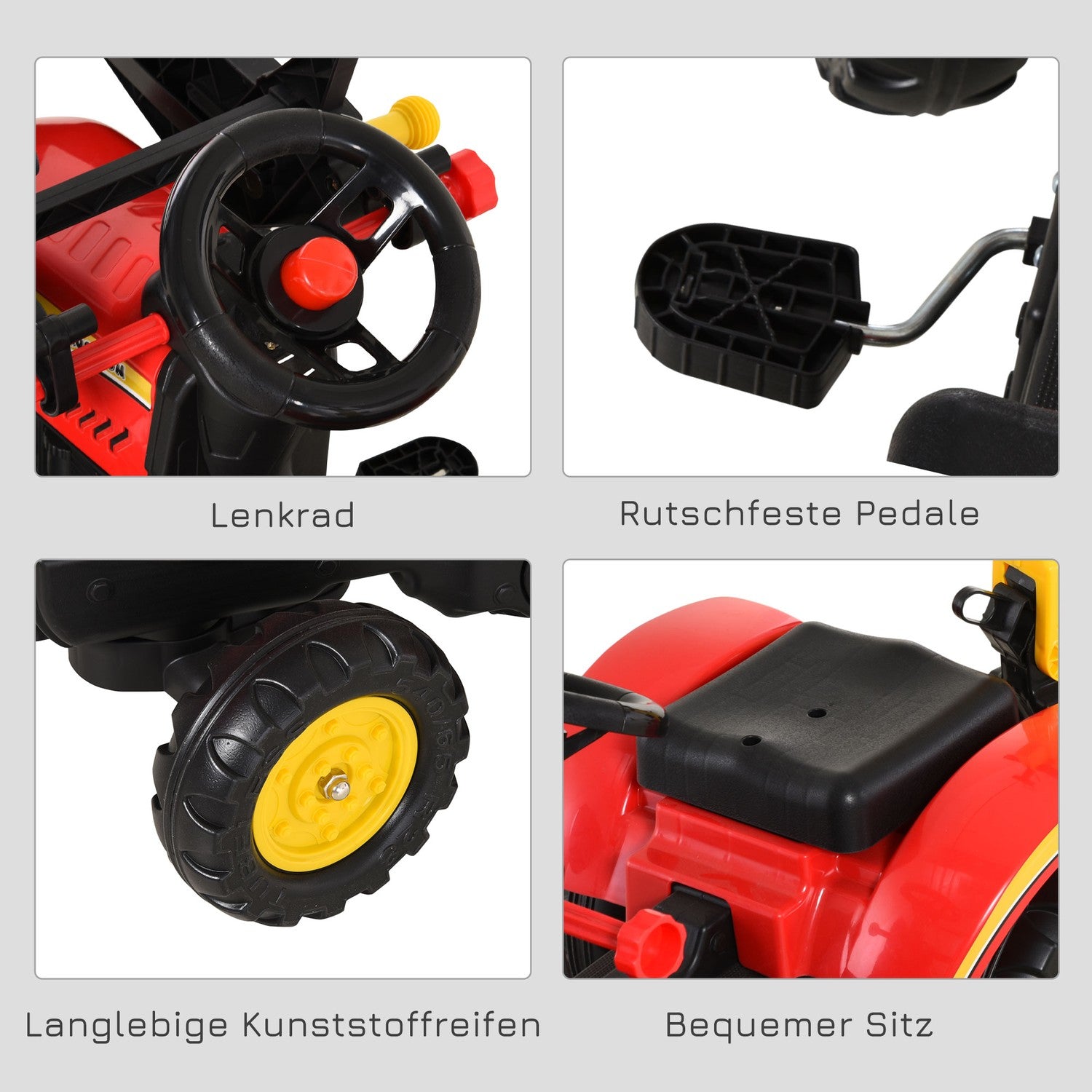 Pedaltraktor för barn med släp och frontlastare, röd
