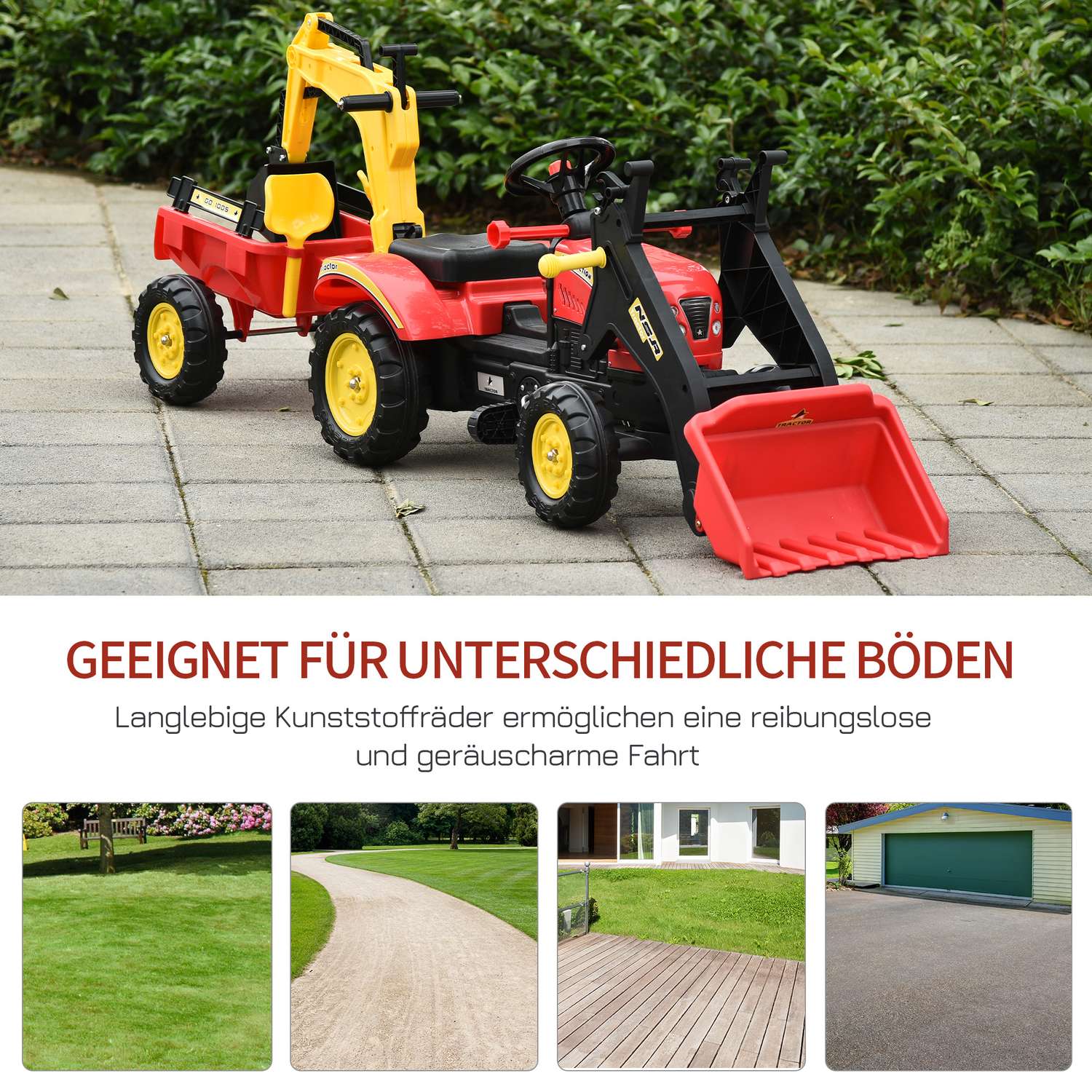 Pedaltraktor för barn med släp och frontlastare, röd
