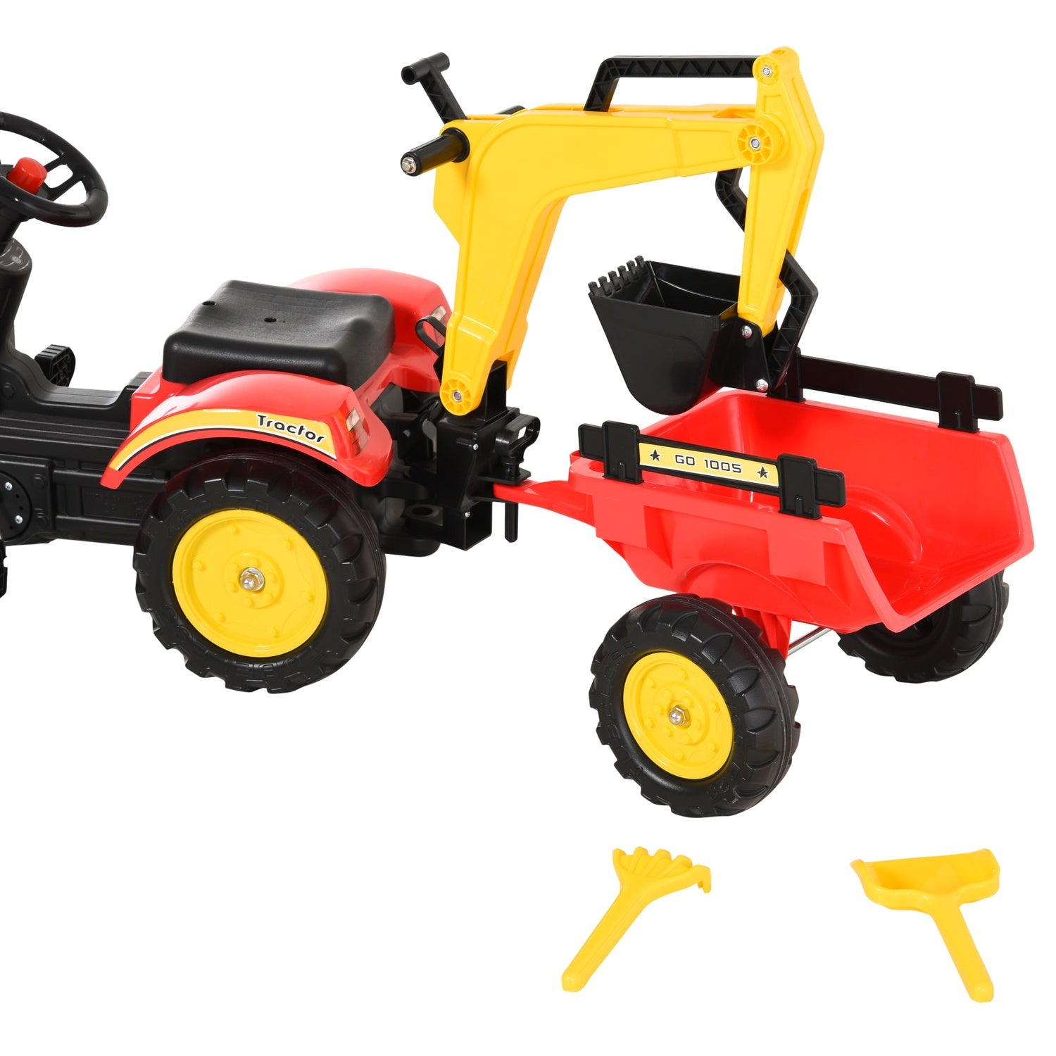 Pedaltraktor för barn med släp och frontlastare, röd