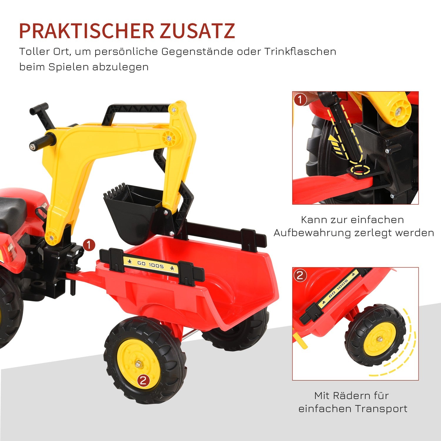Pedaltraktor för barn med släp och frontlastare, röd