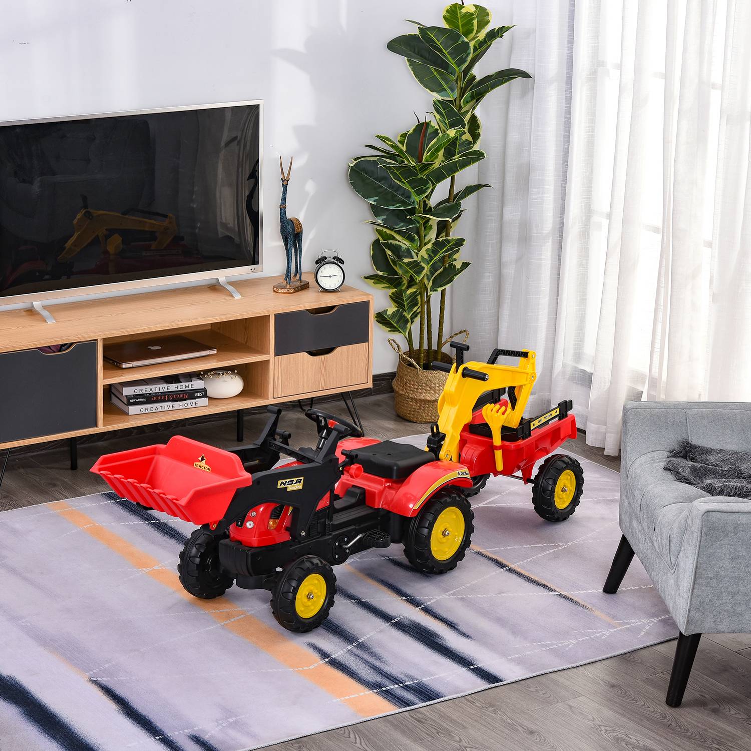 Pedaltraktor för barn med släp och frontlastare, röd