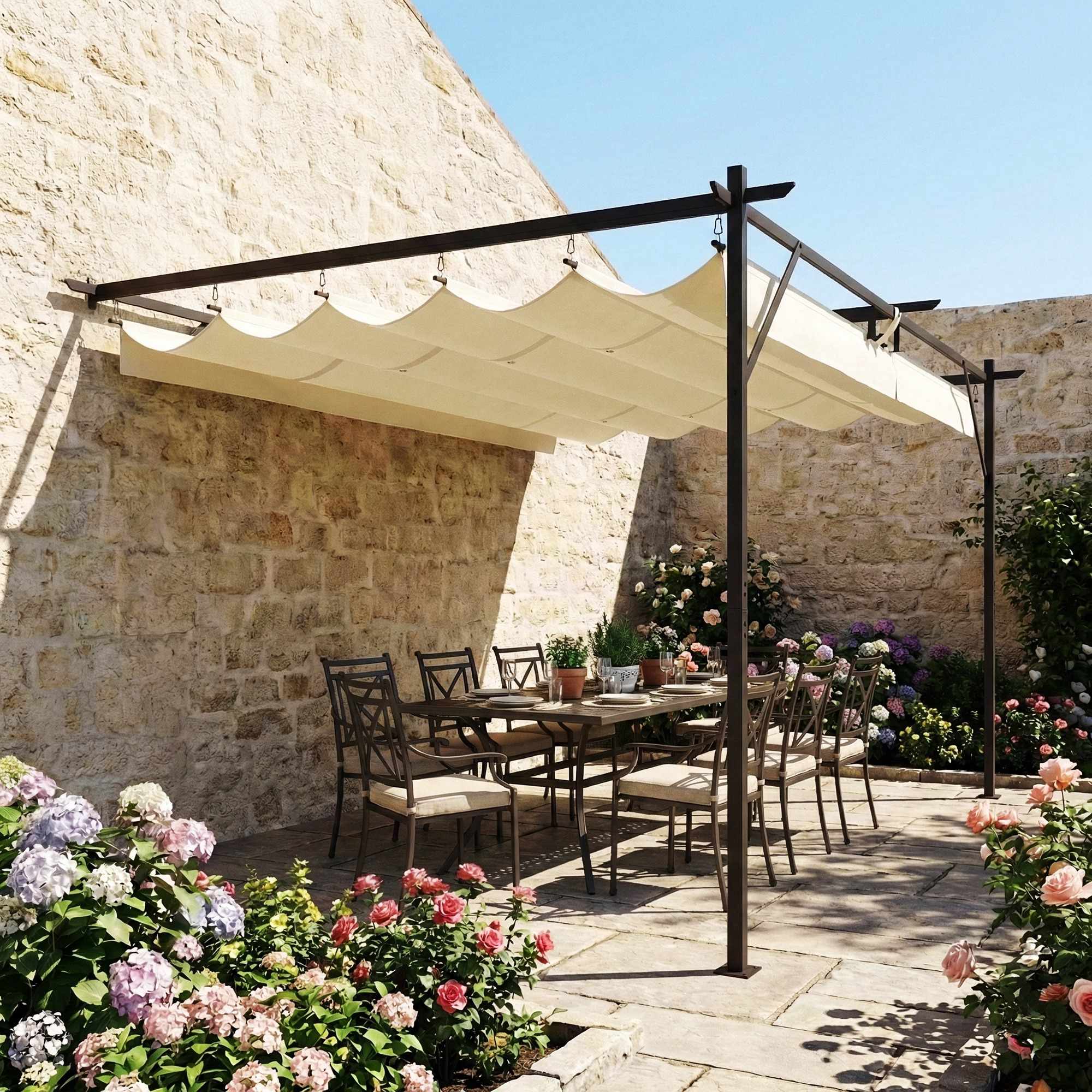Pergola med justerbart tak, 4x3m, väggmonterad, UV30+ skydd