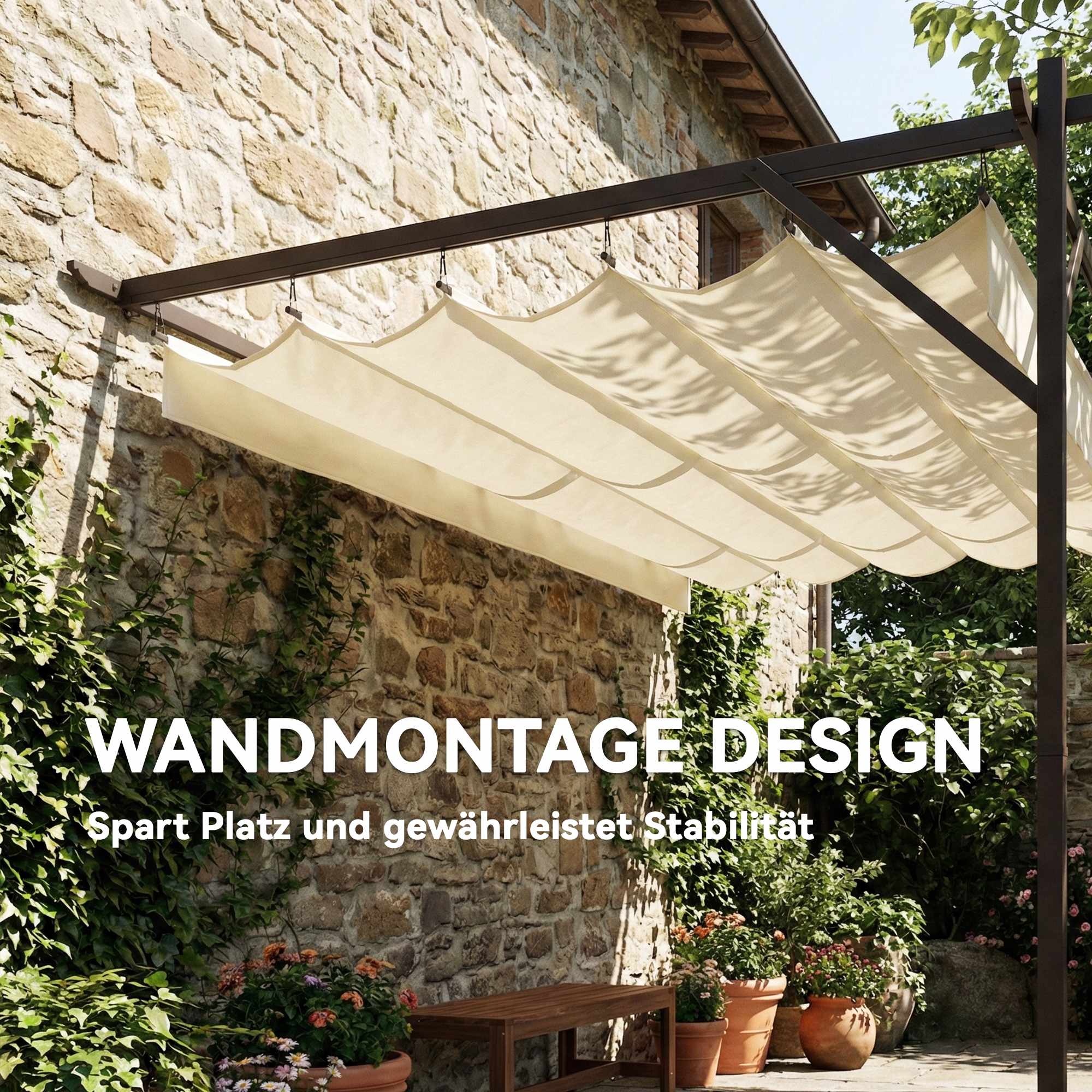 Pergola med justerbart tak, 4x3m, väggmonterad, UV30+ skydd