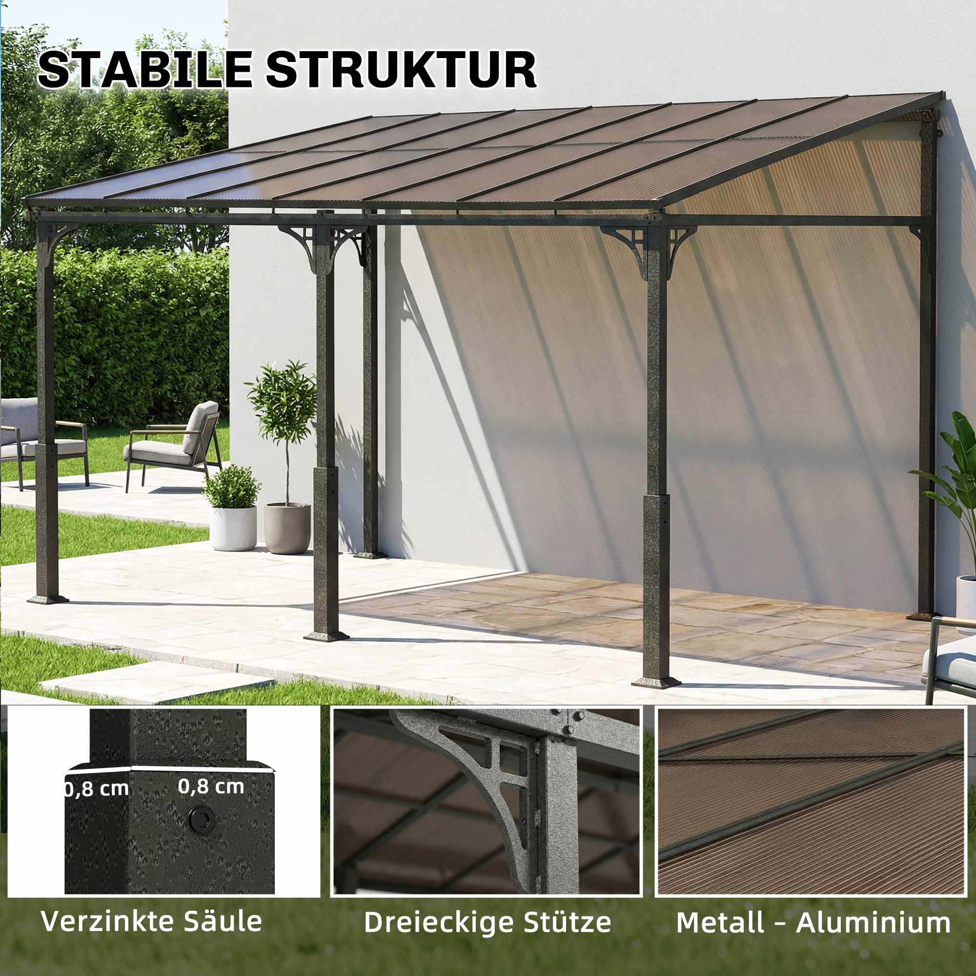 Pergola med polykarbonattak, metallram, 400x300 cm