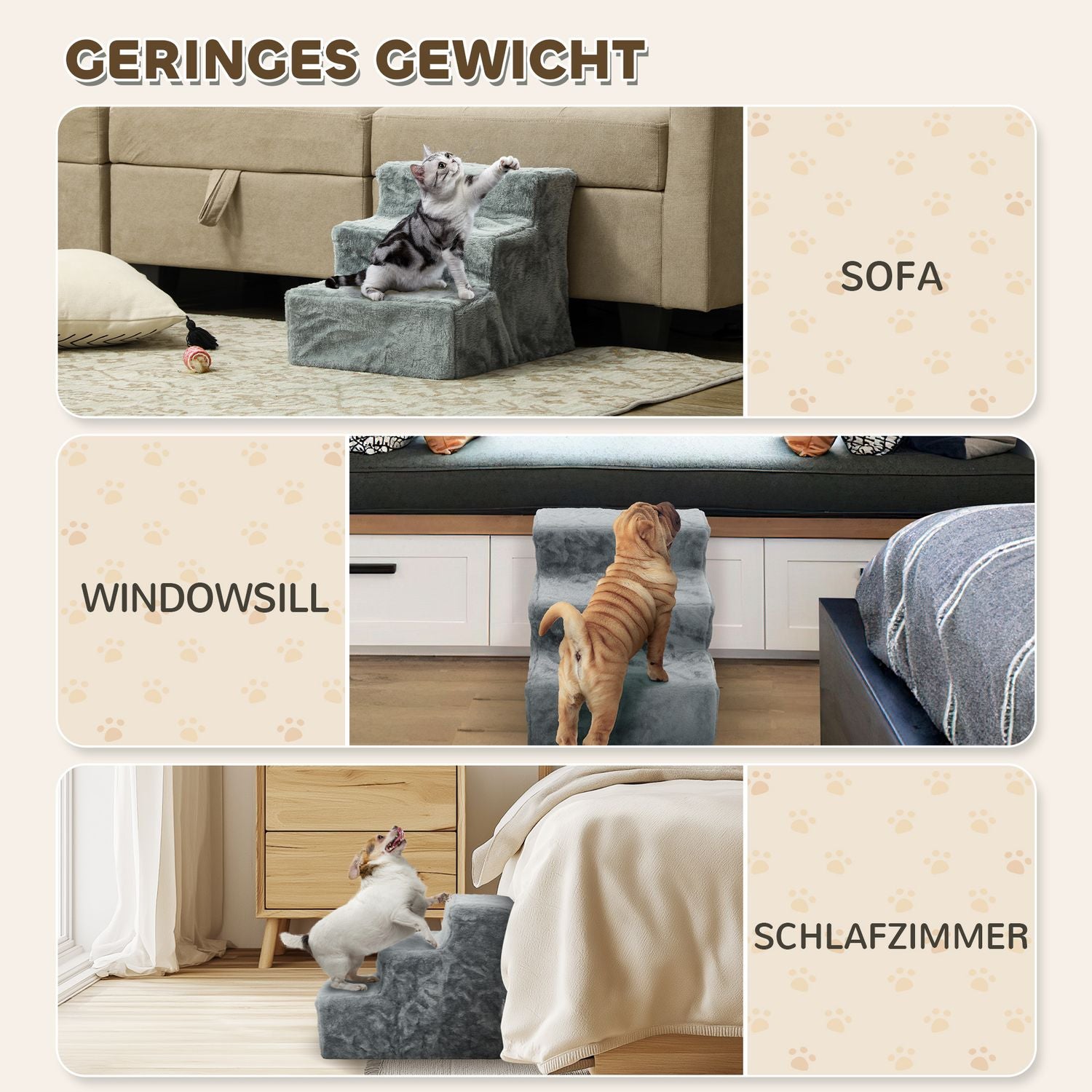 Pet Stairs 3-Step Plush Look, katter och små hundar, 5 kg