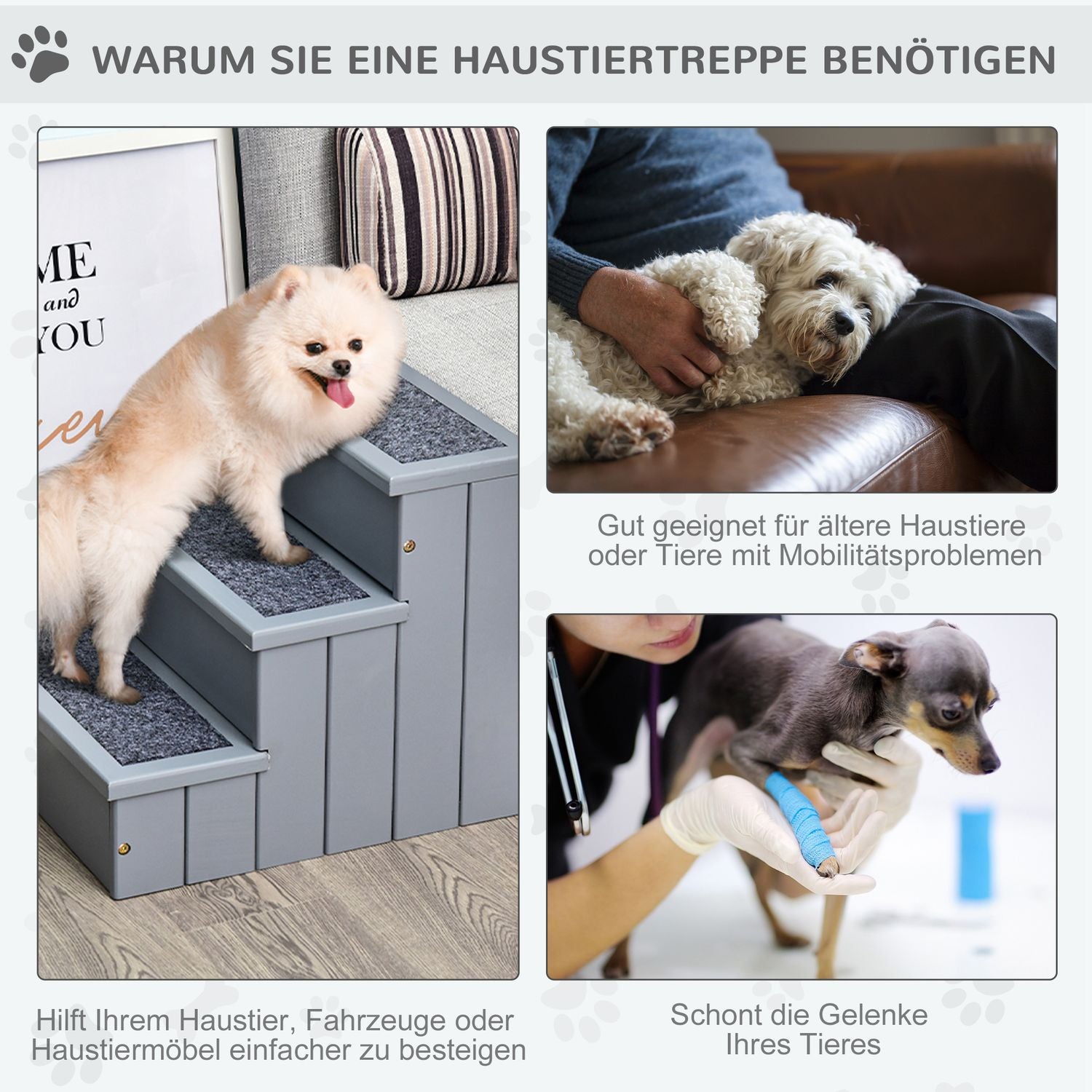 Hundtrappa med förvaring, 3 trappsteg & matta, Grå