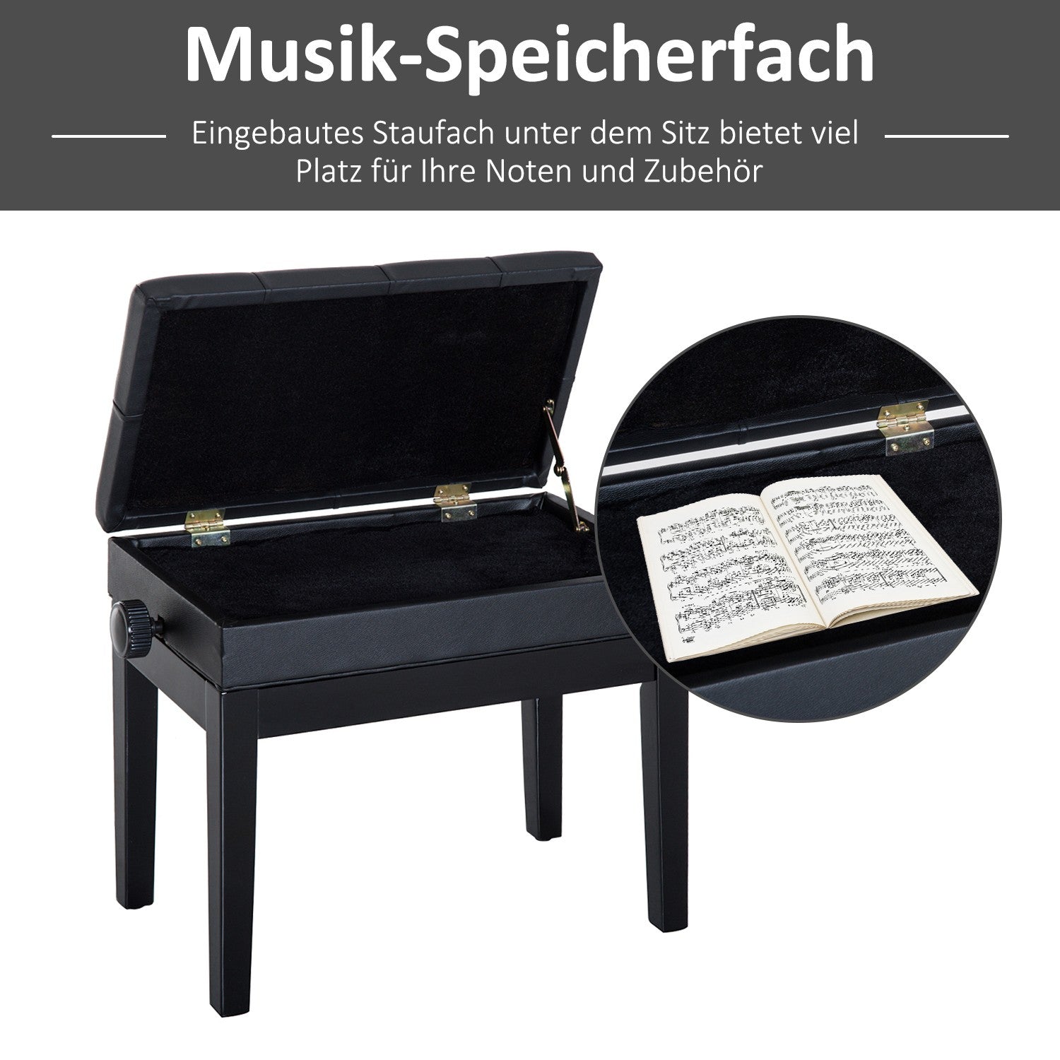 Justerbar pianobänk med förvaringsutrymme, 54,5x33x48-58 cm