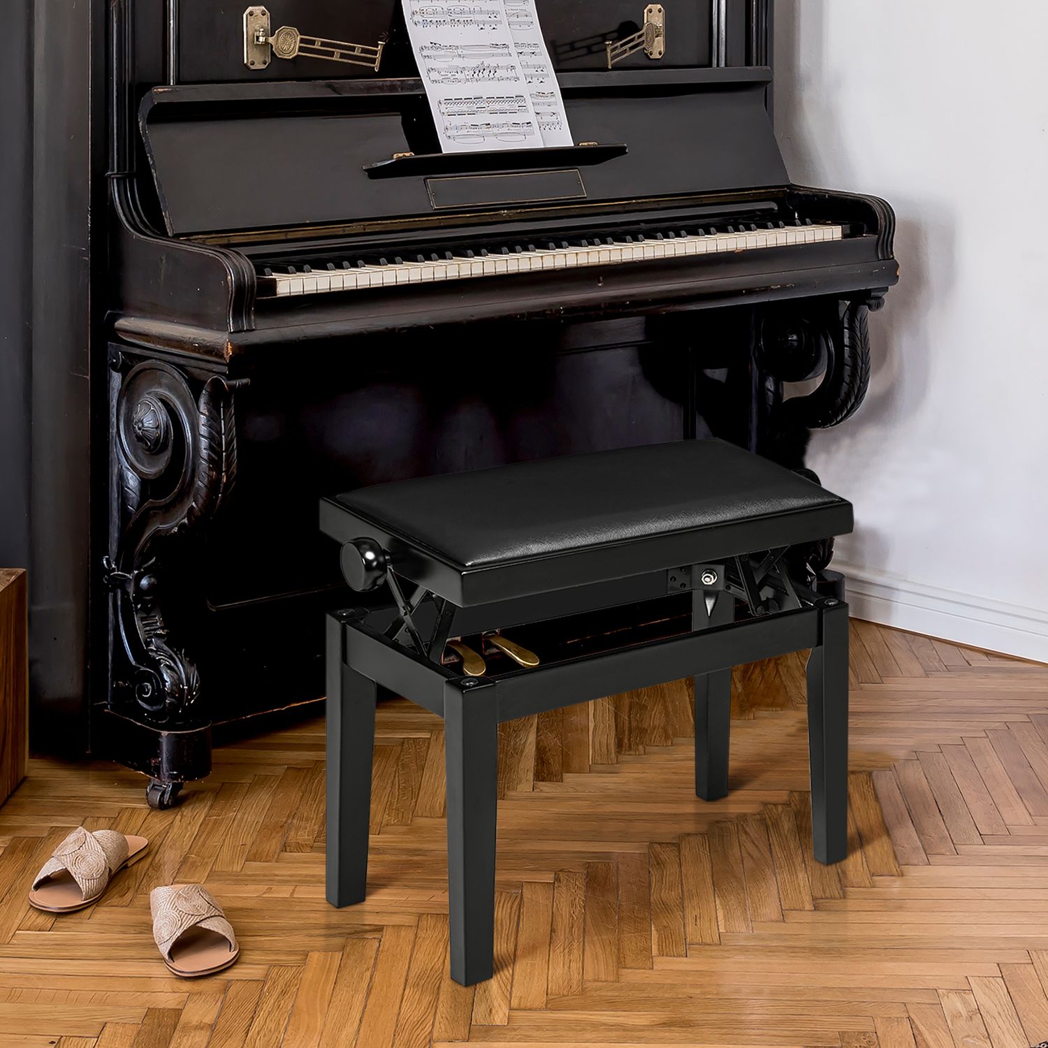 Höjdjusterbar pianobänk med läderkudde, svart