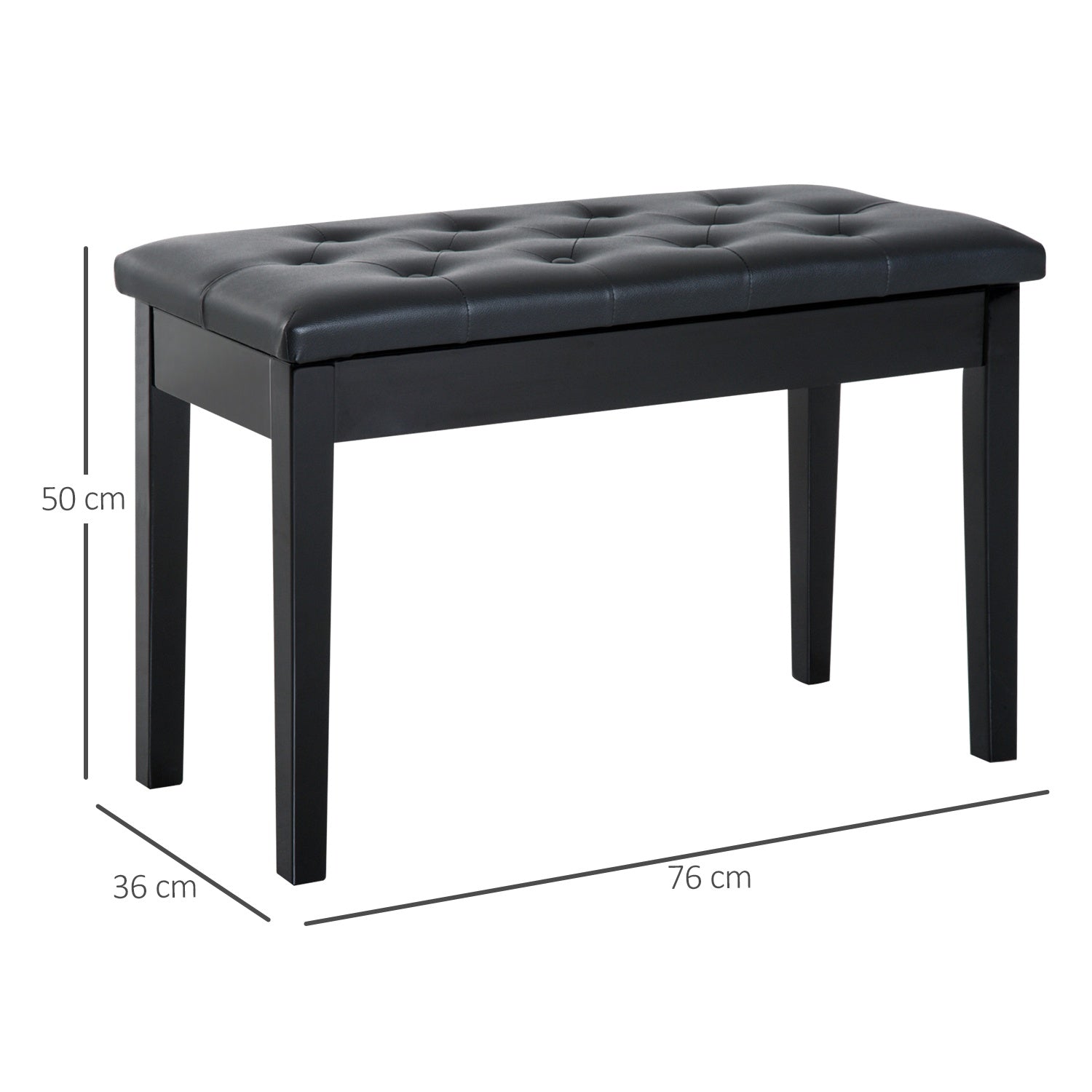 Svart Pianobänk i konstläder med förvaring, 76x36x50 cm