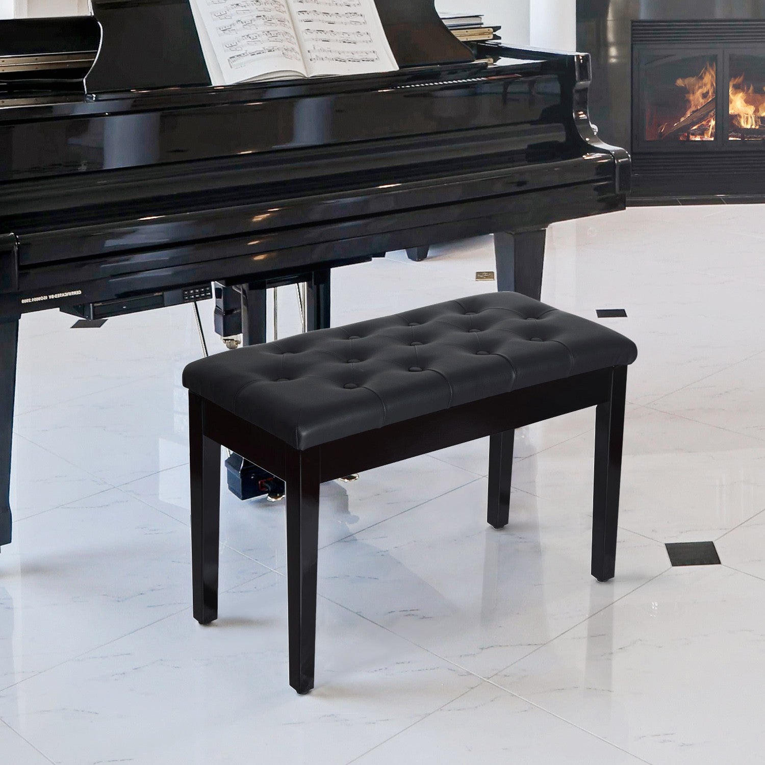 Svart Pianobänk i konstläder med förvaring, 76x36x50 cm