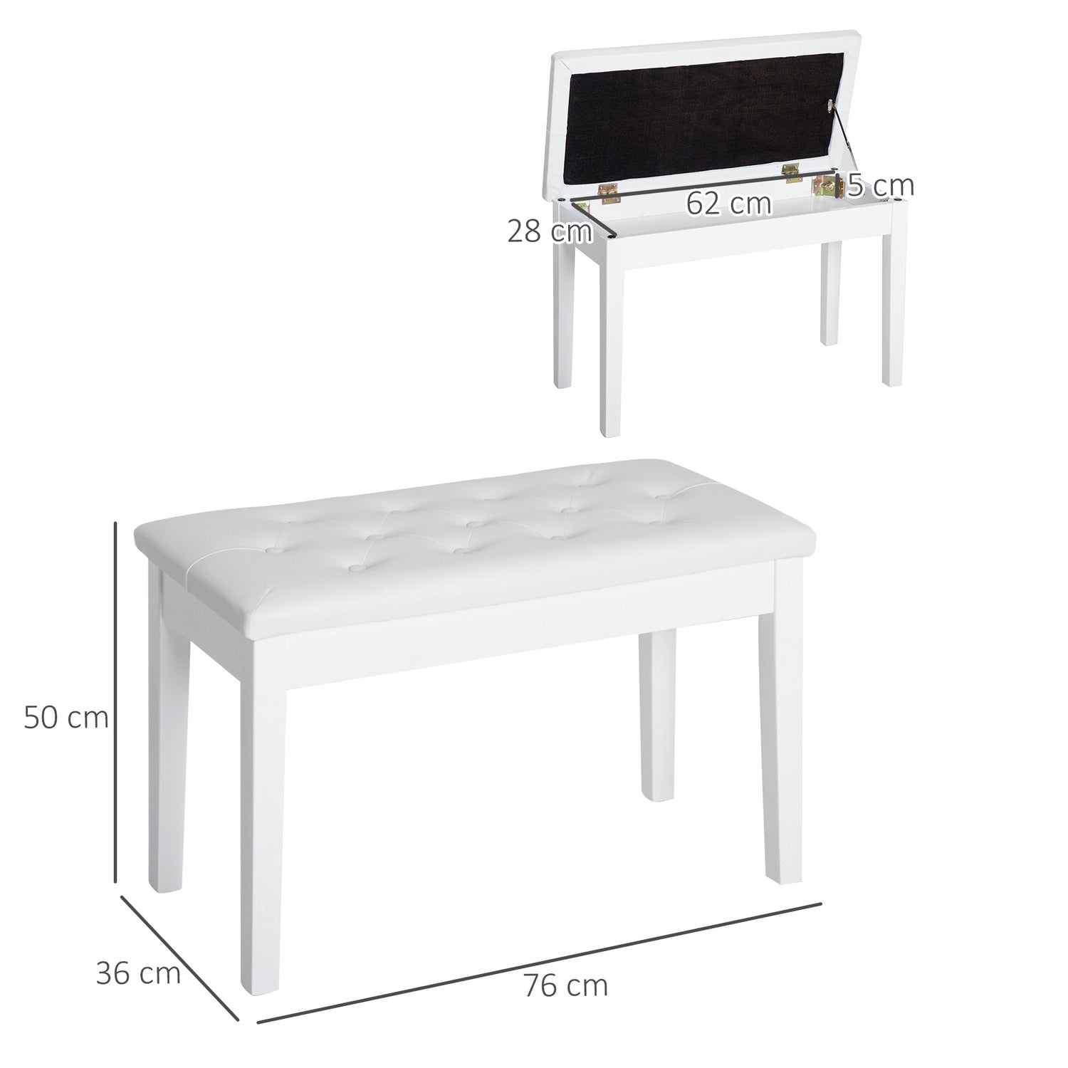 Pianopall i vit konstläder med förvaring, gummiträ
