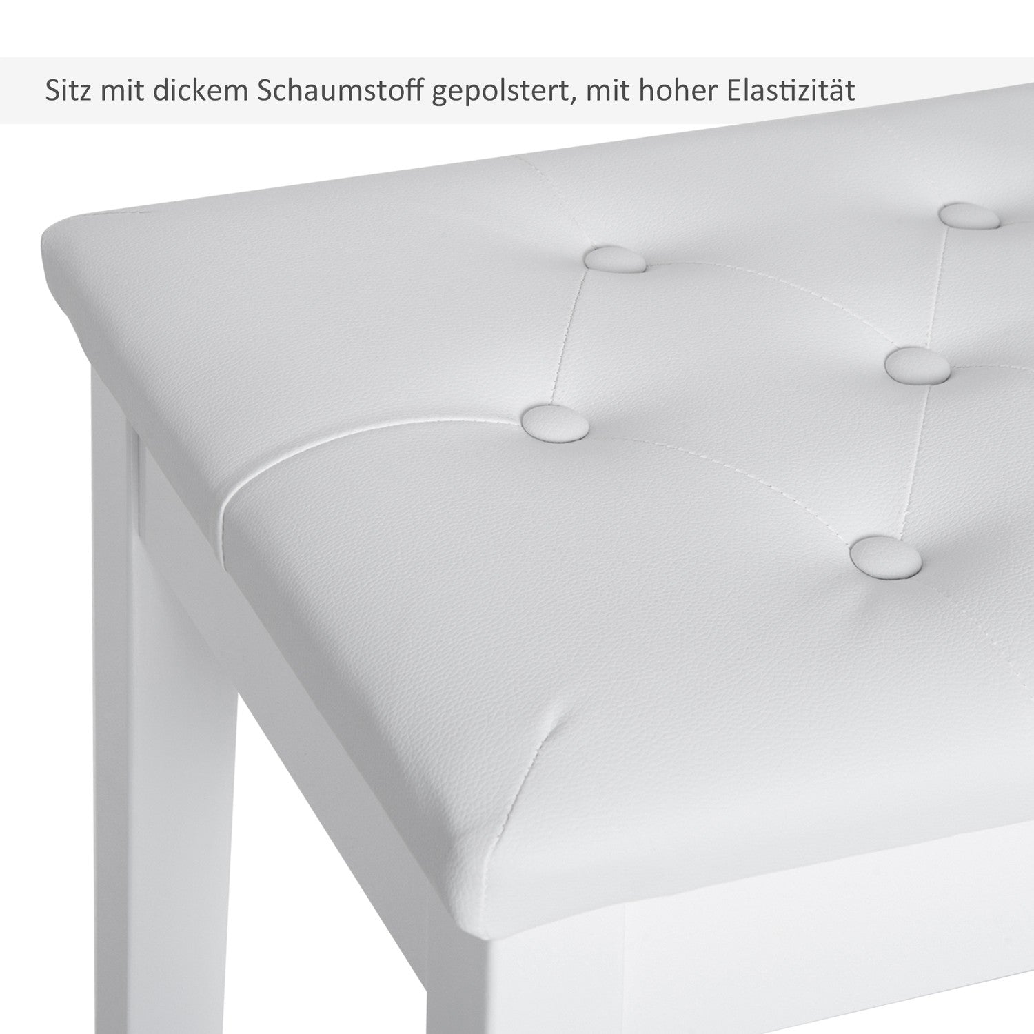 Pianopall i vit konstläder med förvaring, gummiträ