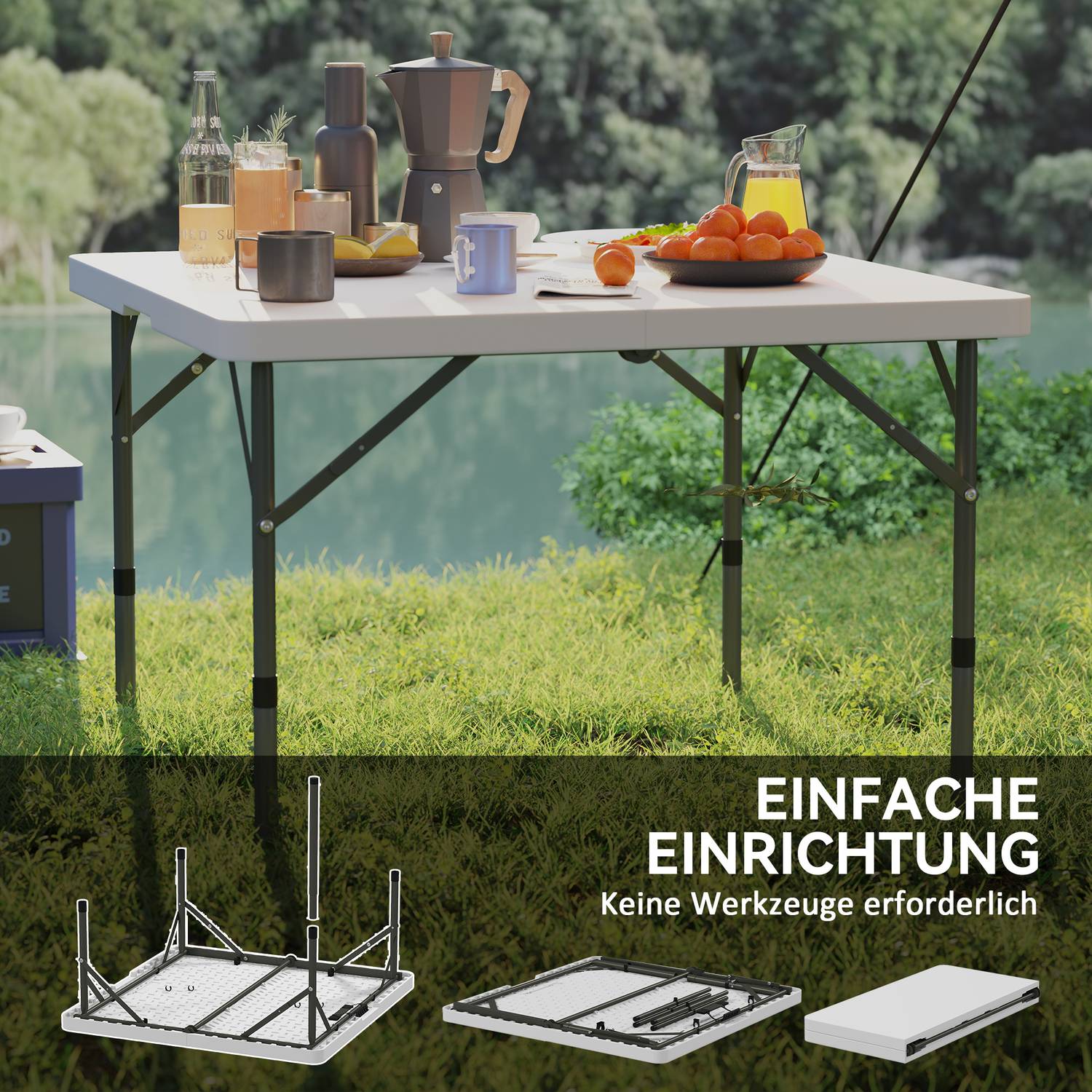 Justerbart hopfällbart picknickbord, plast & metall, vit