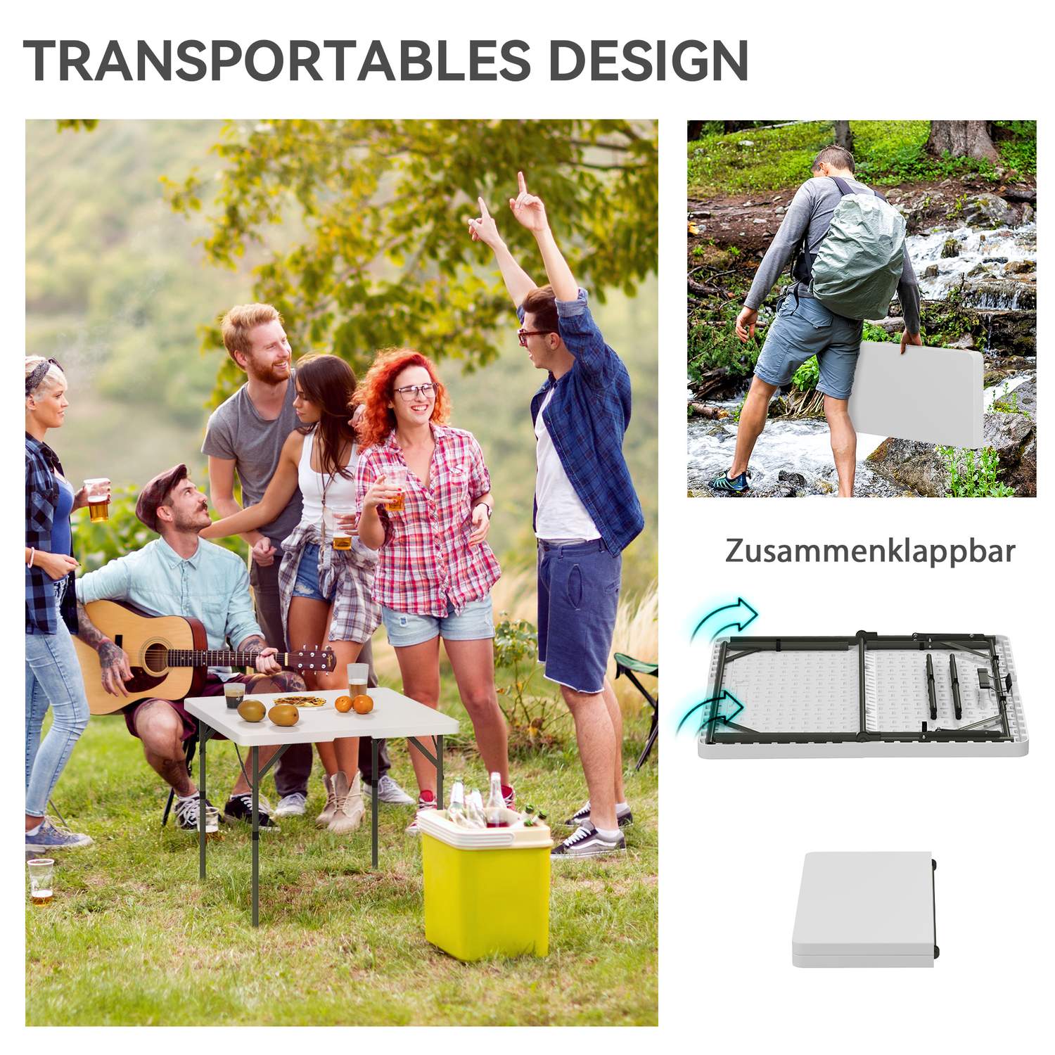 Justerbart hopfällbart picknickbord, plast & metall, vit