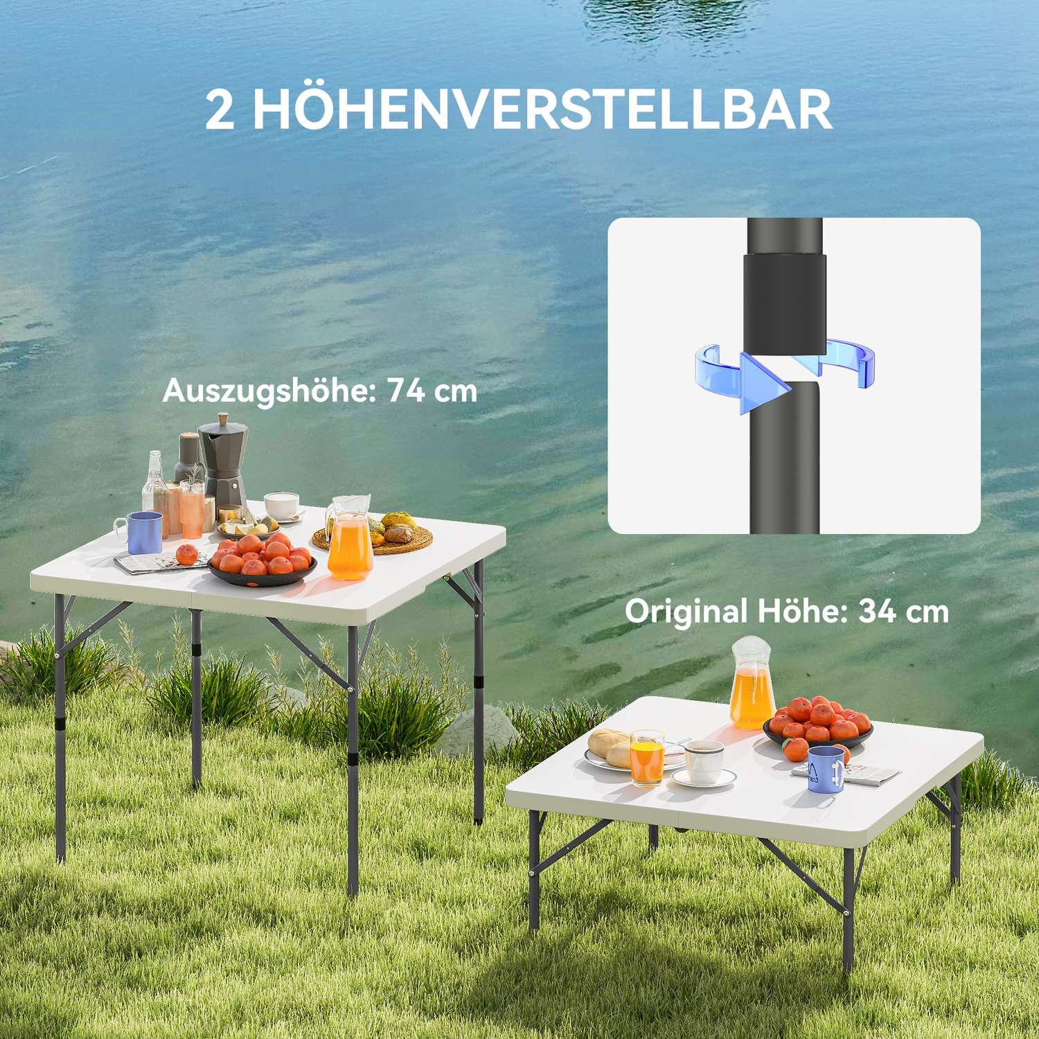 Justerbart hopfällbart picknickbord, plast & metall, vit